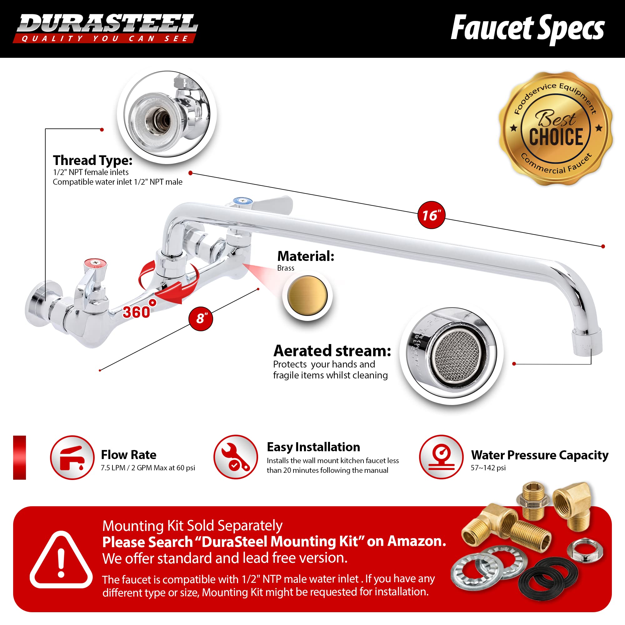 Kitchen Sink Faucet Wall Mount - Durasteel 8'' Center Commercial Kitchen Sink Faucet With 16'' Swivel Spout - Dual Lever Handles