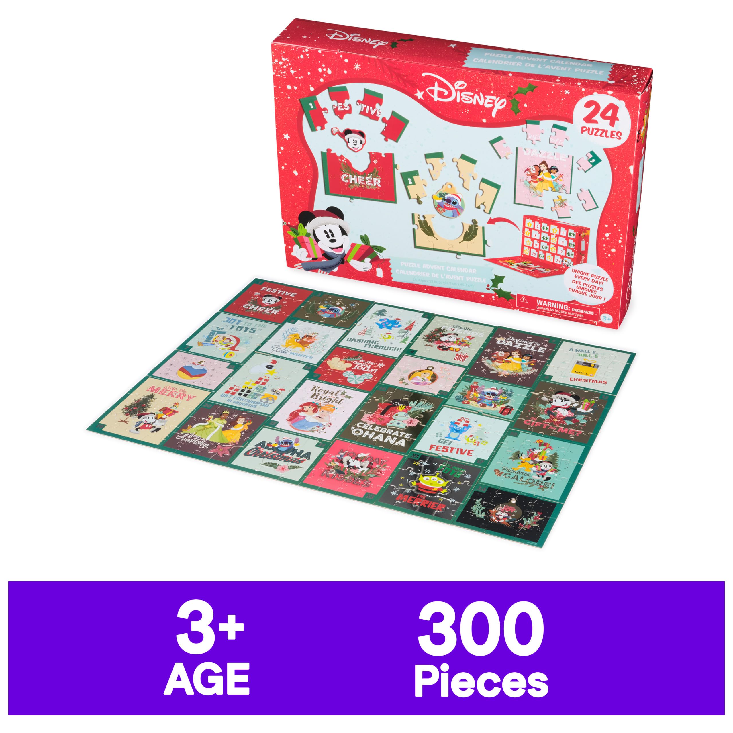 Spin Master Games Disney Puzzle Advent Calendar - 24 Unique Puzzles, 300 Pieces, Multicolor, Holiday Countdown for Ages 3 & Up