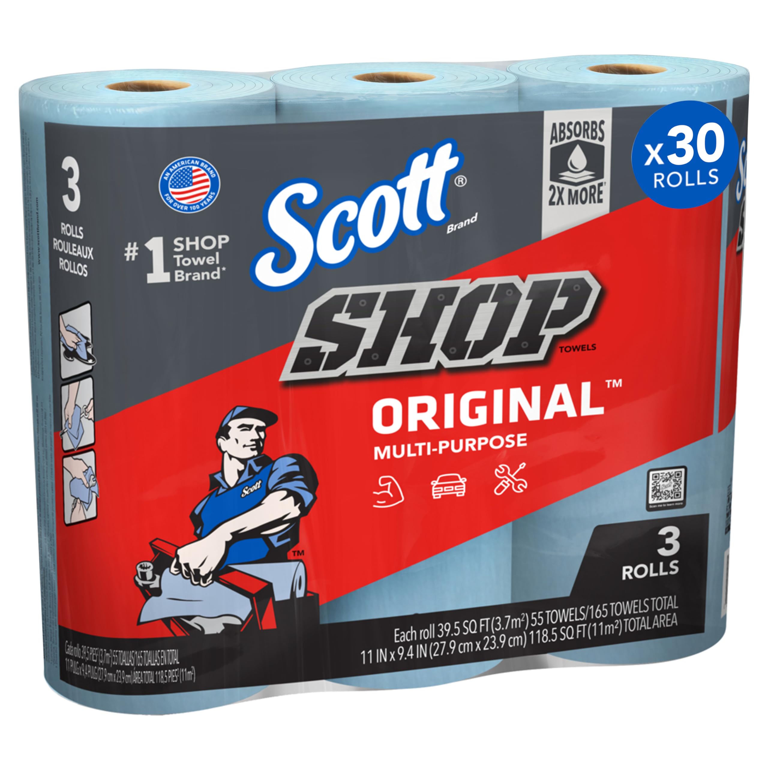 Scott Shop Towels Original (75143), Original Blue Shop Towels, 9.4''X11'' Sheets, 10 Packs Of 3 Rolls (55 Towels/Roll, 30 Rolls/