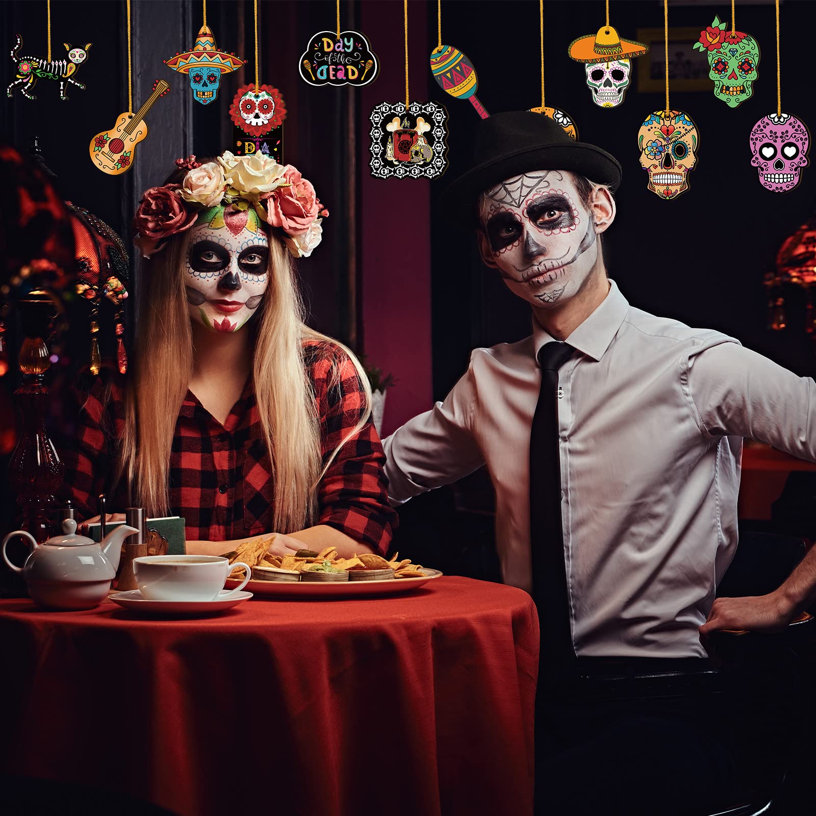 36 Pieces Day of The Dead Sugar Skull Halloween Wooden Ornaments Ghost Hanging Outdoor Skeleton Cats Wood Decorations for Mexica