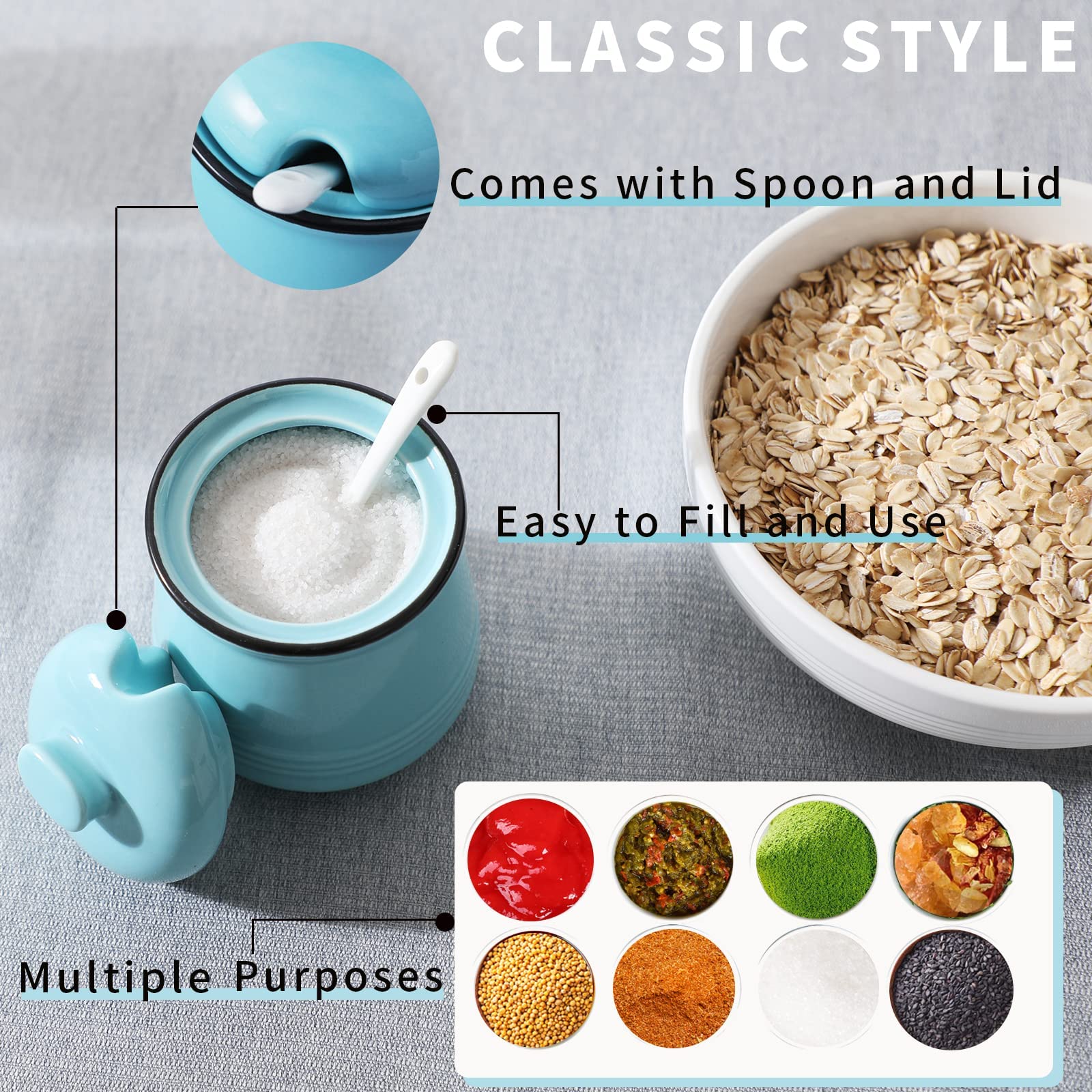 HAOTOP Porcelain Salt Bowl with Lid and Spoon Ceramic Sugar Bowl 12oz (Turquoise)
