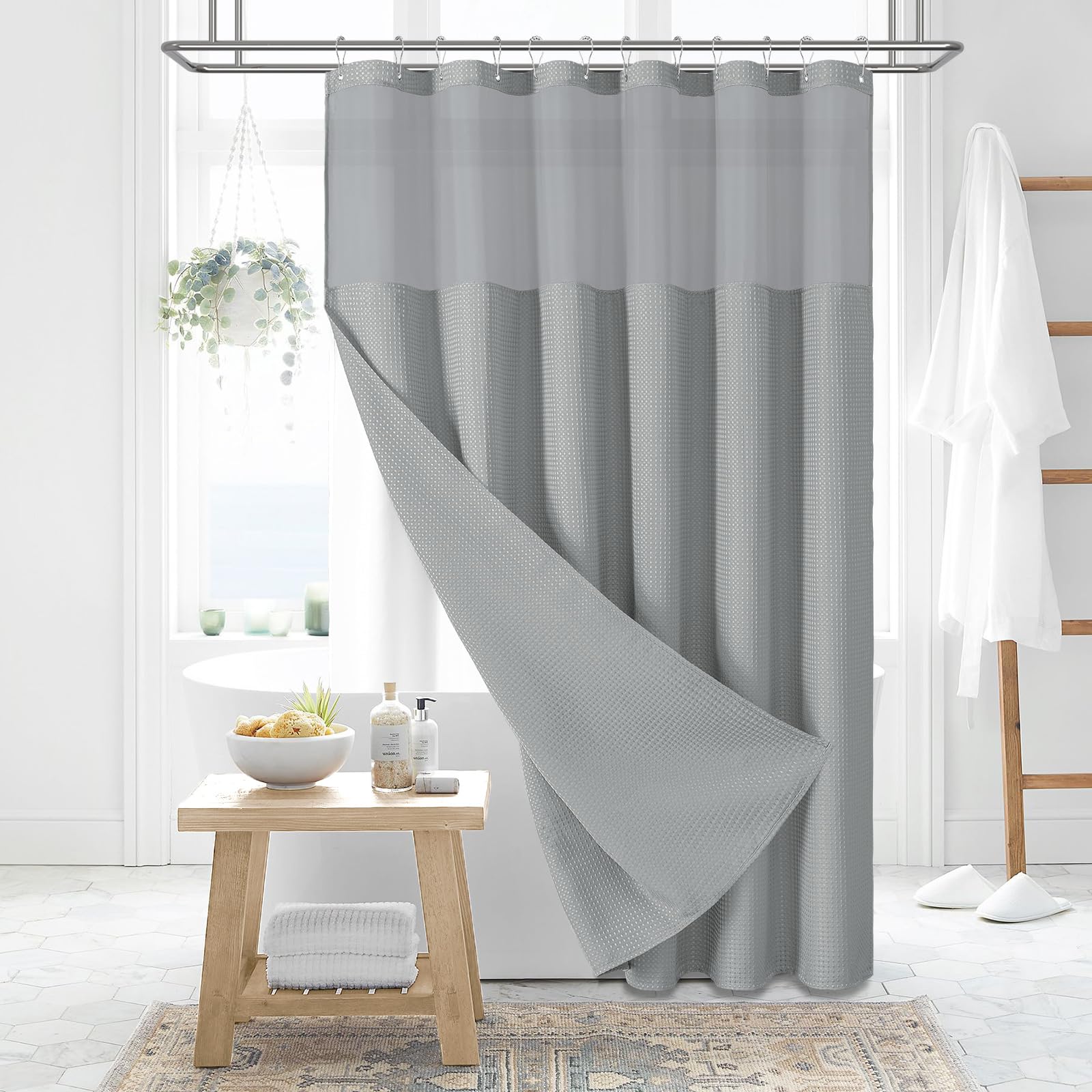 Dynamene Fabric Shower Curtain With Snap In Liner, Grey Waffle Hotel Shower Curtains For Bathroom, Washable Waterproof Cloth Sho