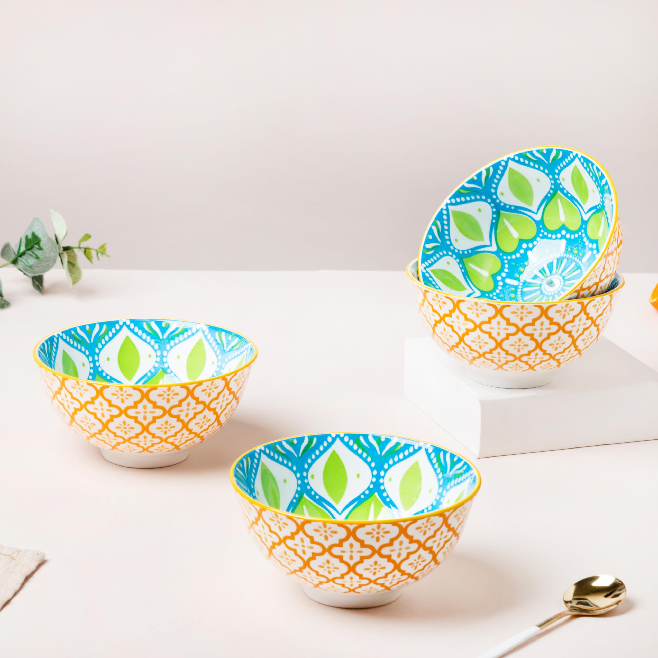 Nestasia Microwave & Dishwasher Safe Ceramic Bowl with Mandala Pattern | Set of 4 | Perfect for Snacks, Rice, Dal, Vegetables, F