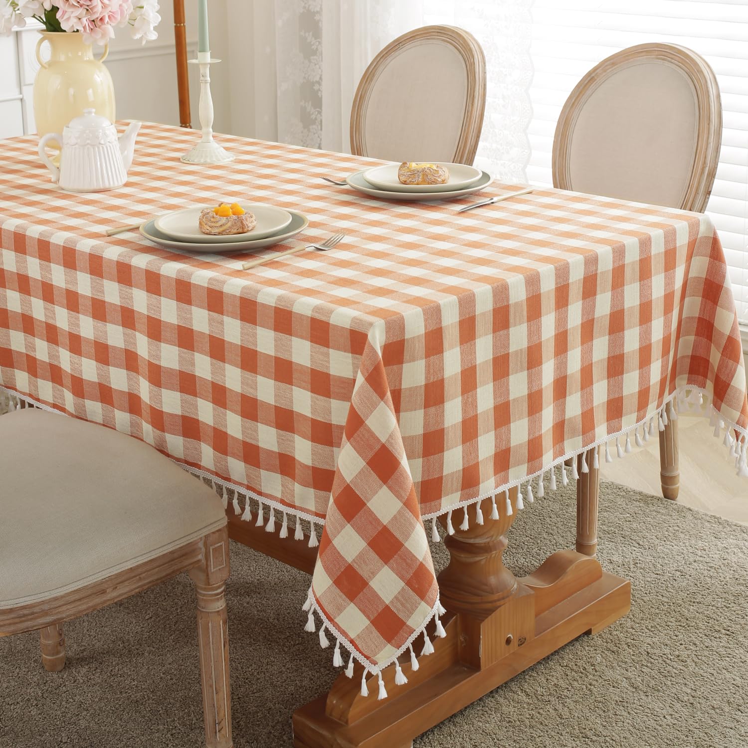Laolitou Checkered Fall Thanksgiving Tablecloth Rectangle Washable Buffalo Plaid Table Cloth with Tassel Cotton Linen Gingham Ta