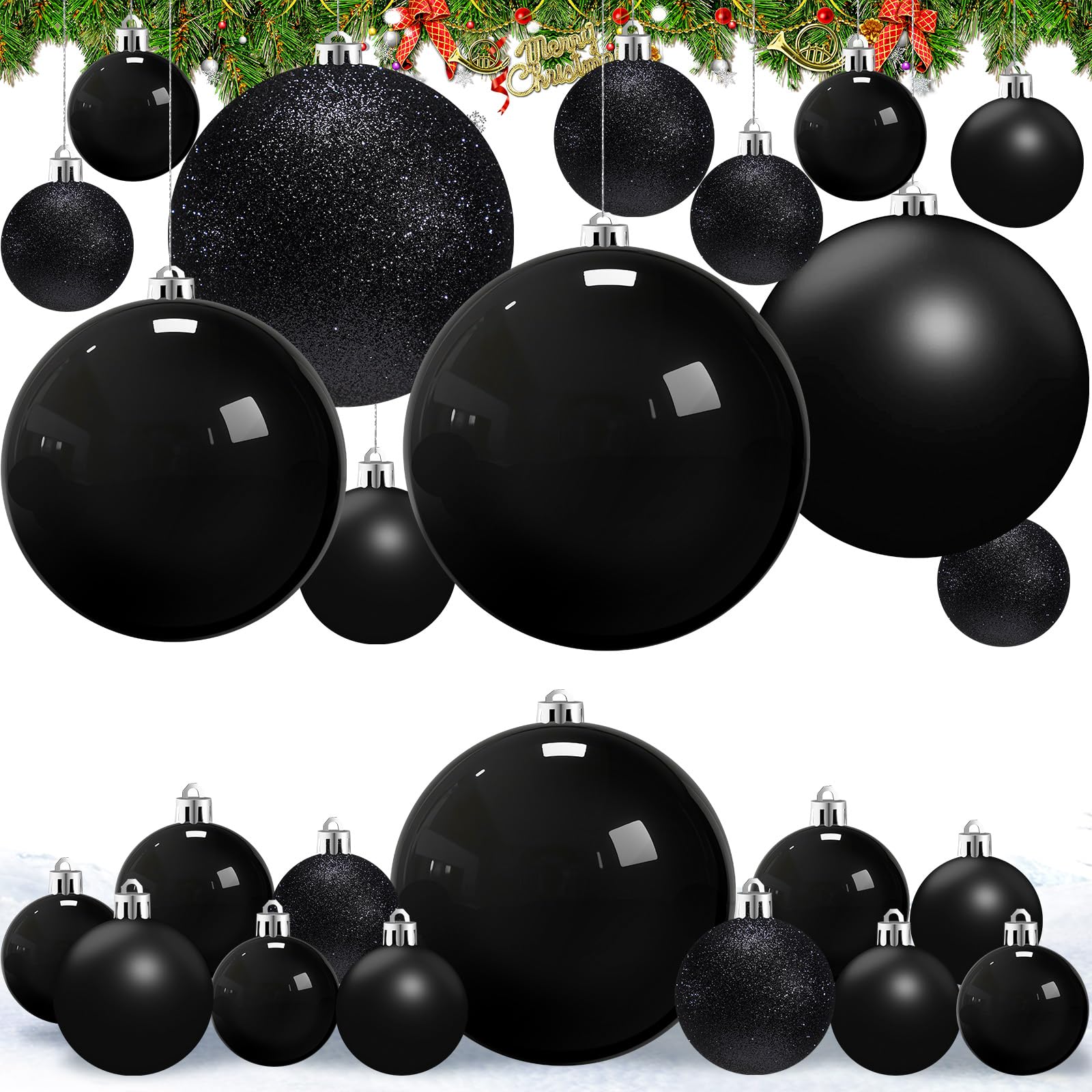 Marsui 24 Pcs Giant Christmas Balls Ornaments Extra Large Outdoor Black Christmas Ornament 8'' 6'' 3'' 2'' Large Xmas Balls Bulk