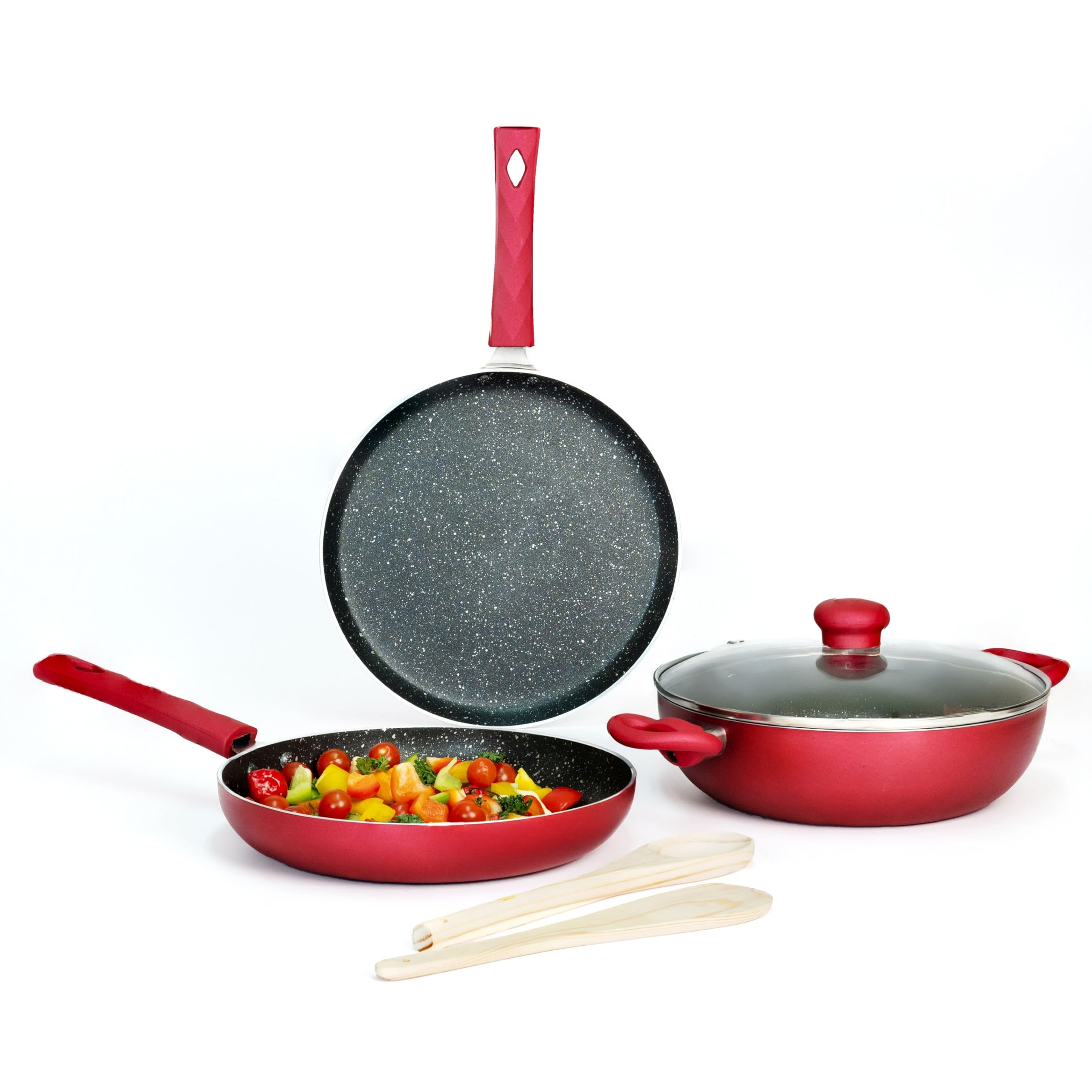 Kreme Petals 3 Piece NonStick Cookware Set | Granite Coating | Induction Base | Pfoa Free | Lead Free | 25Cm Tawa, 24Cm Kadai, 