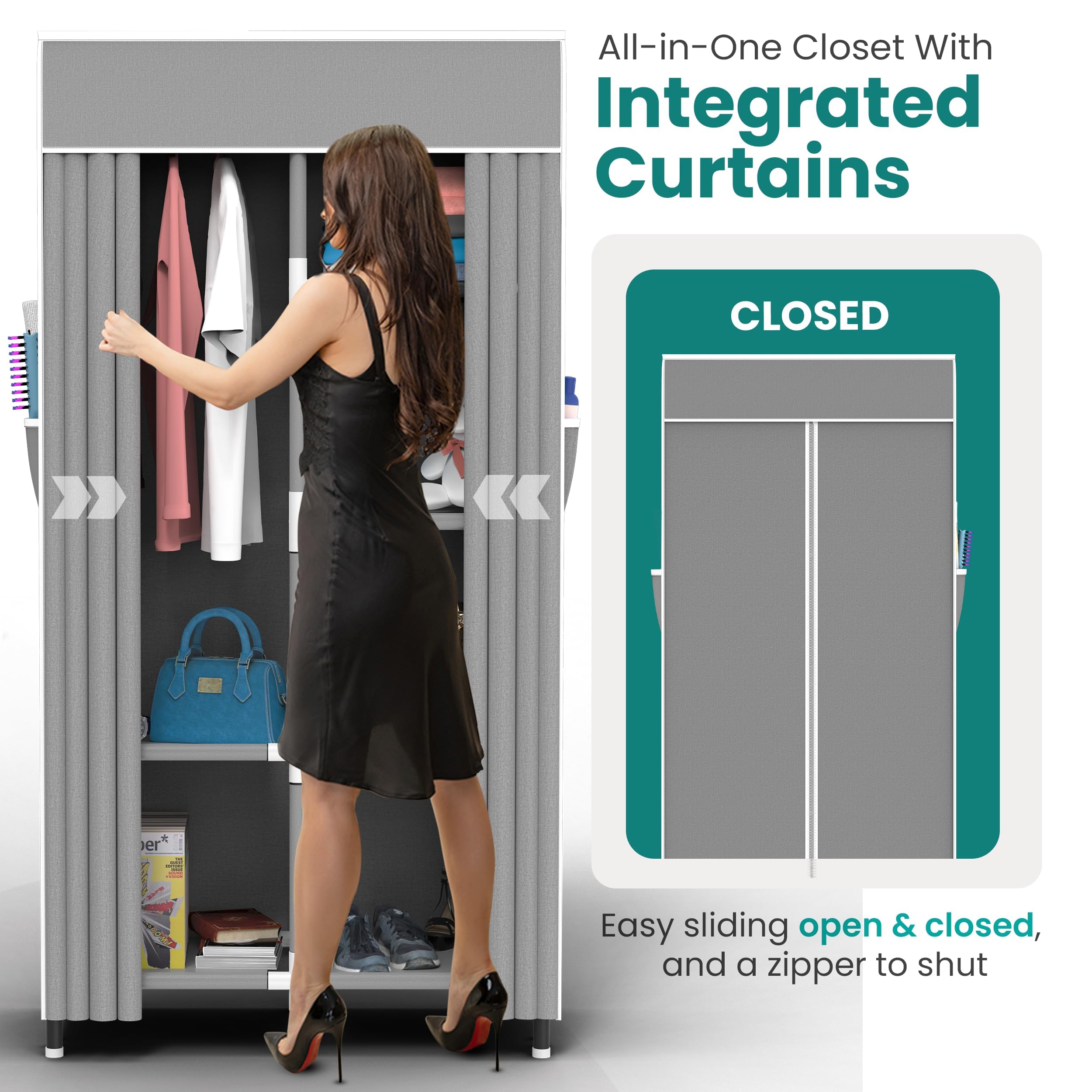 Tidyfy Portable Closet Wardrobe With 6 Storage Shelves And 1 Hanging Rack | Small Closet Clothes Organizer Portable Wardrobe Clo