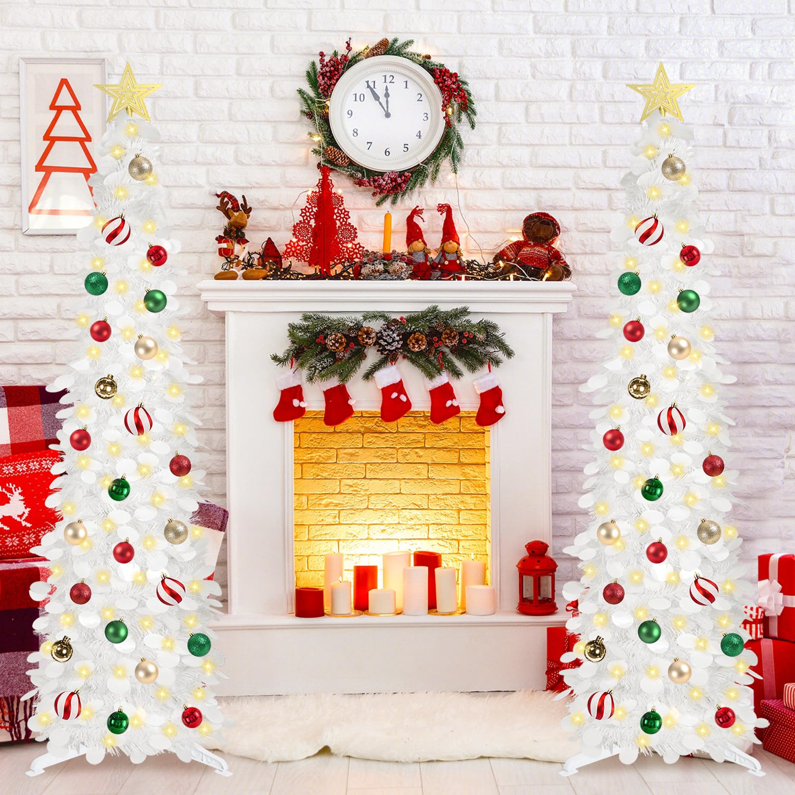 SINTENILL 5 FT Pop Up Christmas Tree with Timer Lights and Decorations, White Artificial Tinsel Christmas Tree with 24 Ball Orna