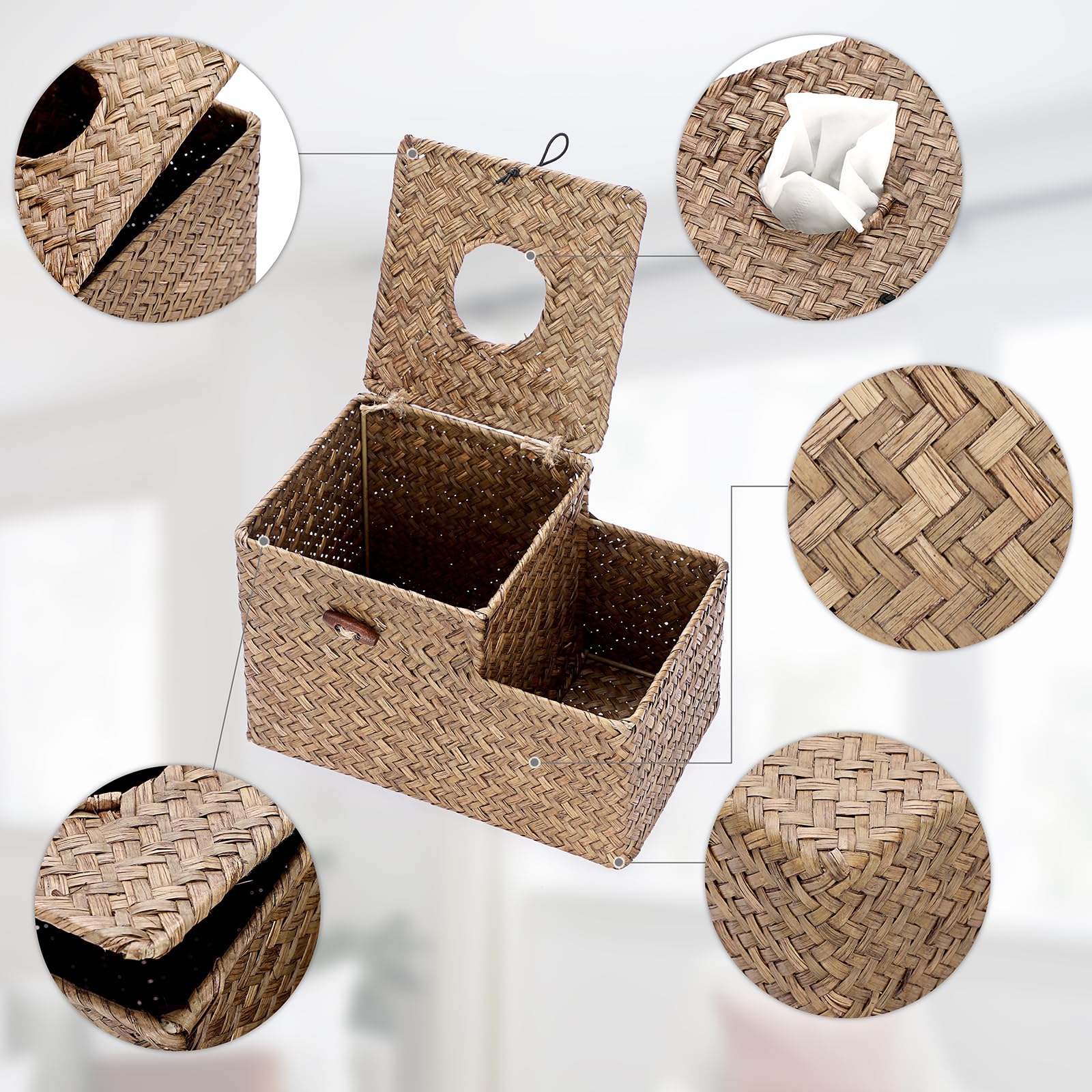Sumnacon Tissue Box Cover Square Tissue Box Woven Seagrass Tissue Box Holder With Side Organizer, Rustic Tissue Holder For Livin