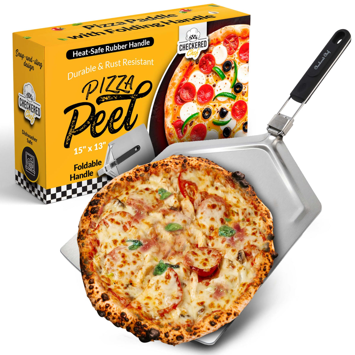 Checkered Chef Pizza Peel - Extra Large, Stainless Steel Metal Pizza Paddle With Folding Handle, Outdoor Pizza Oven Accessories