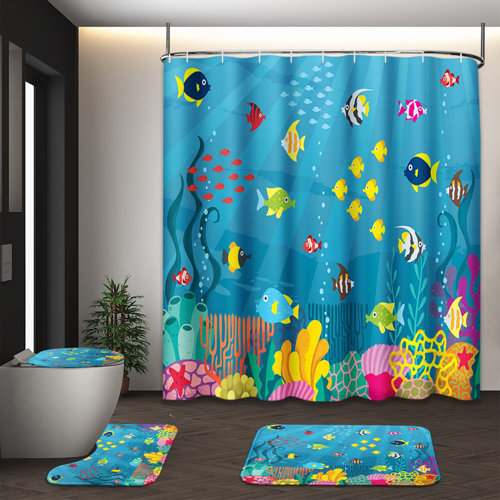 Tayney Tropical Fish Shower Curtain Set With Toilet Lid Cover And Non-Slip Rugs, Cartoon Underwater World 4 Pcs Shower Curtain W