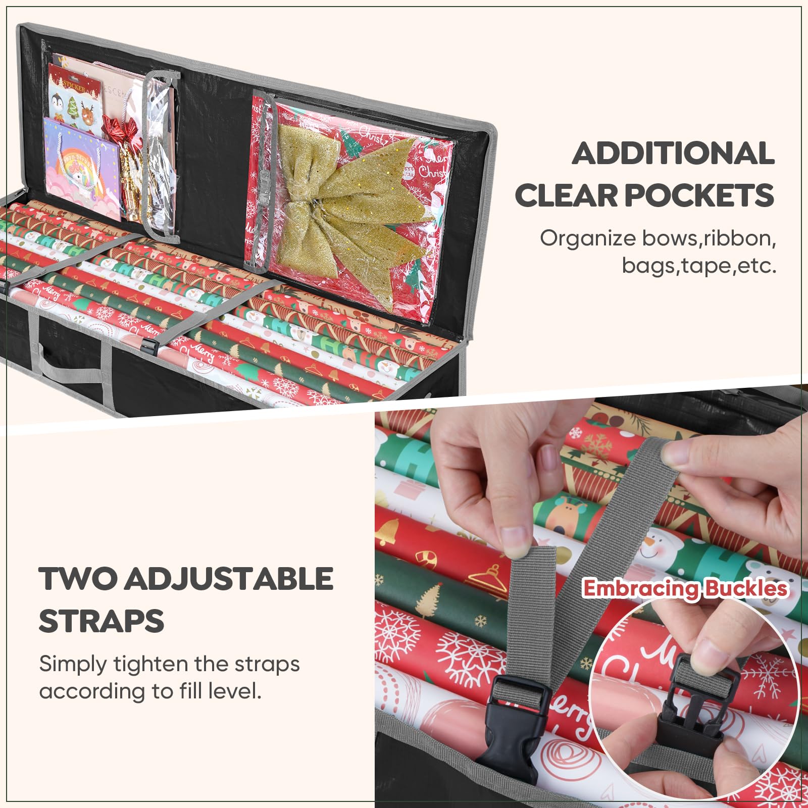 Baleine Soft Christmas Wrapping Paper Storage Bag, 40'' Durable Pe Gift Wrap Storage Bag With Flexible Partitions And Pockets Fo