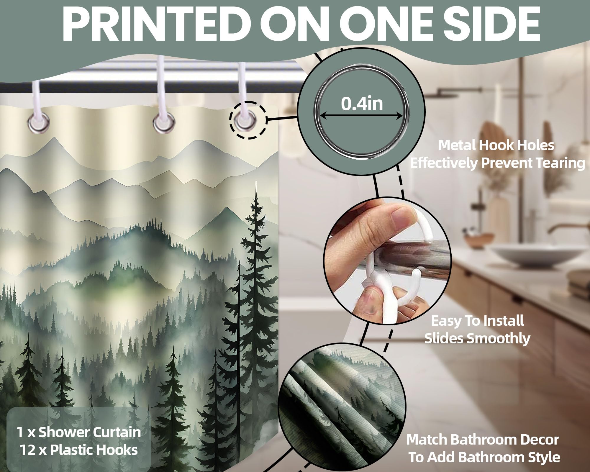 Qghot Mountain Shower Curtain Forest, Nature Shower Curtains For Bathroom, Rustic Woodland Pine Tree Landscape Bathtub Curtain M