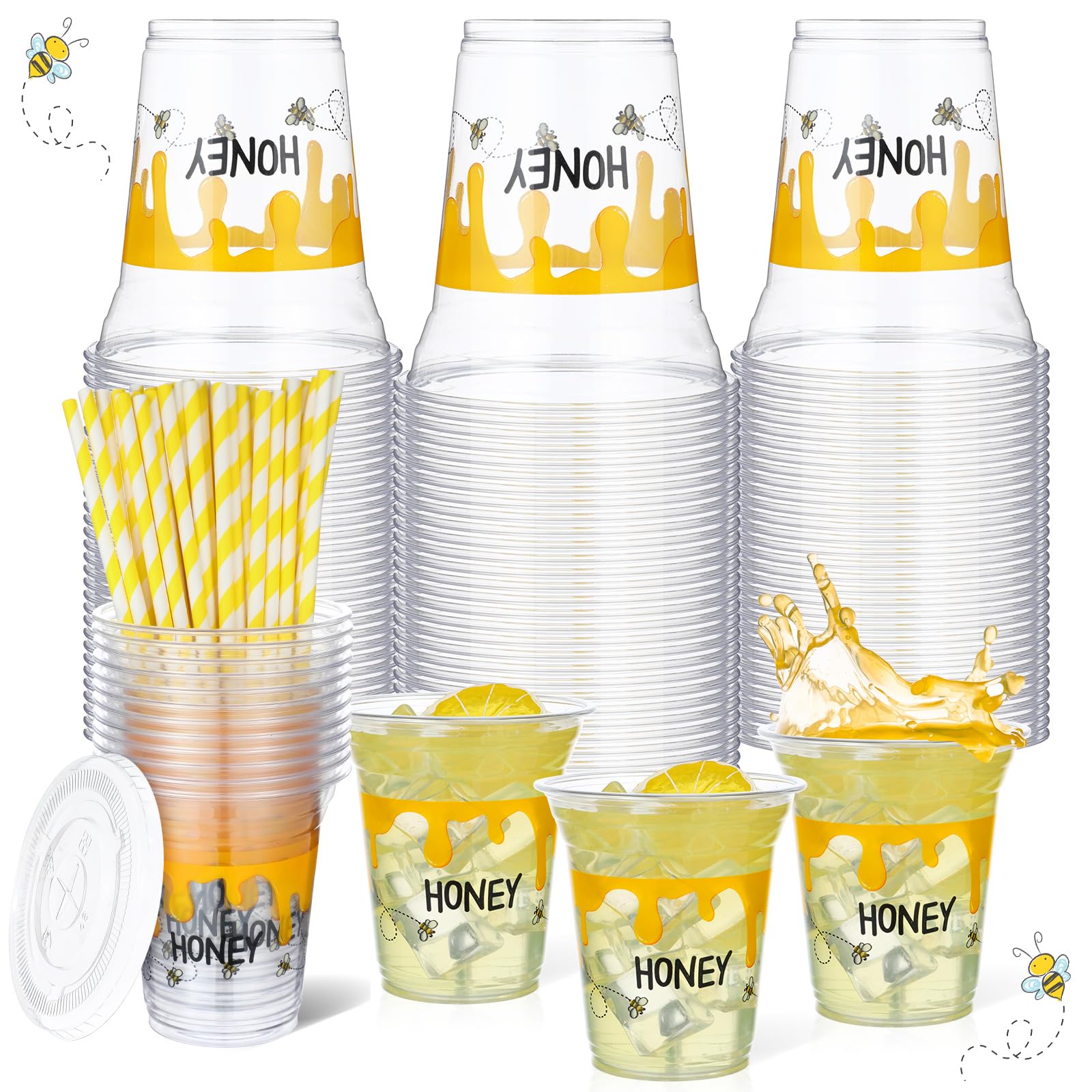 Umigy 100 Pack Honey Bee Plastic Disposable Cups with Lids and Straws 12 oz