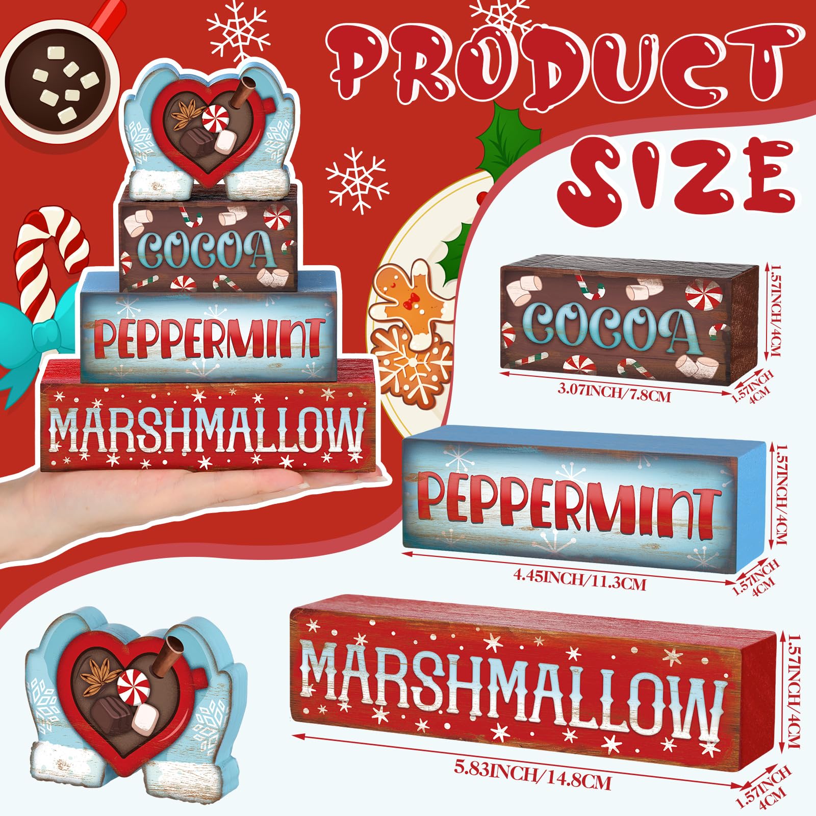 Moucuny 4 Pcs Winter Hot Cocoa Table Decor Christmas Wooden Decorative Signage Winter Tiered Tray Decor Centerpieces Farmhouse W