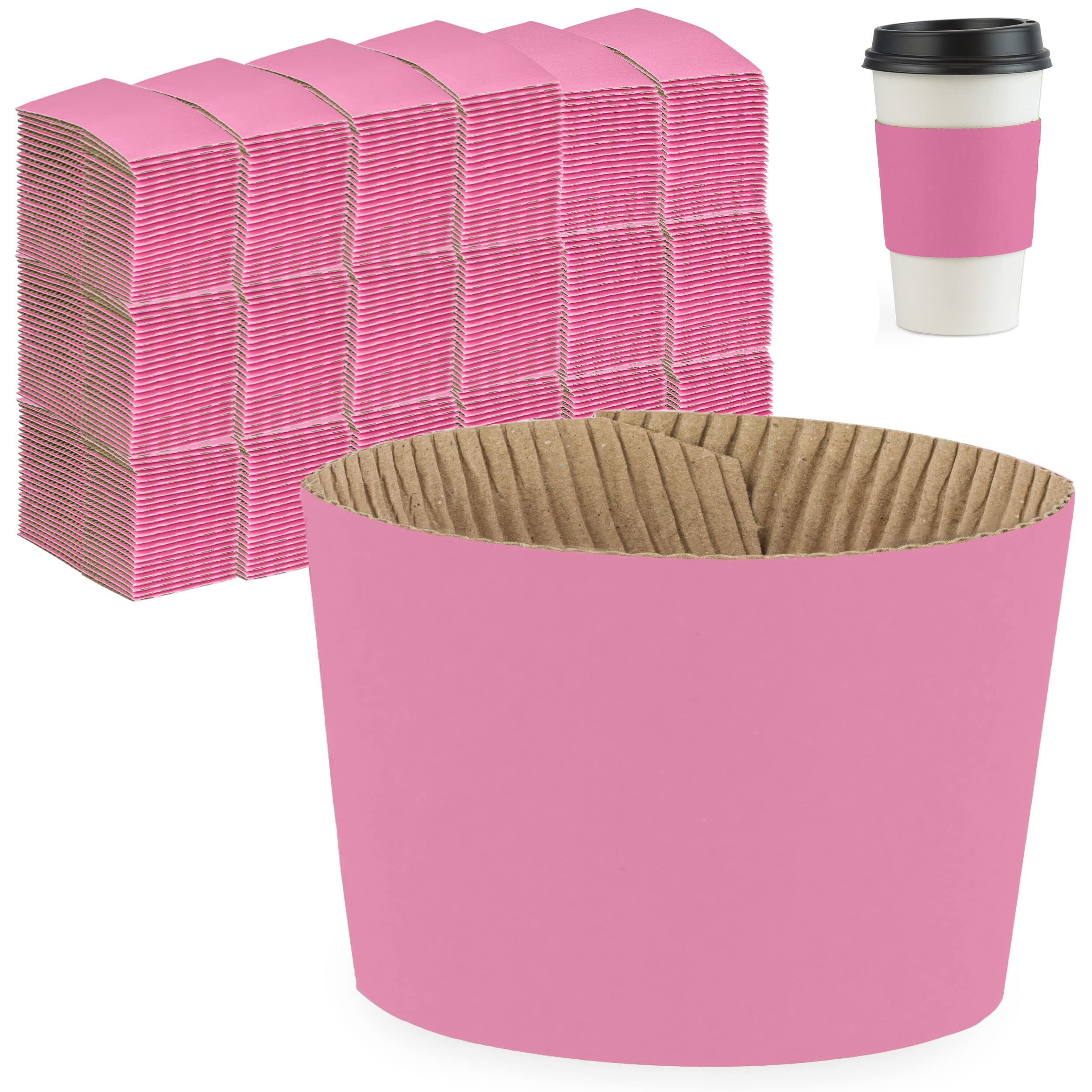 [500 Pack] Pink Coffee Cup Sleeves - Pink Disposable Corrugated Cardboard Paper Jacket, Holds Hot And Cold Drinks, Espresso Coff