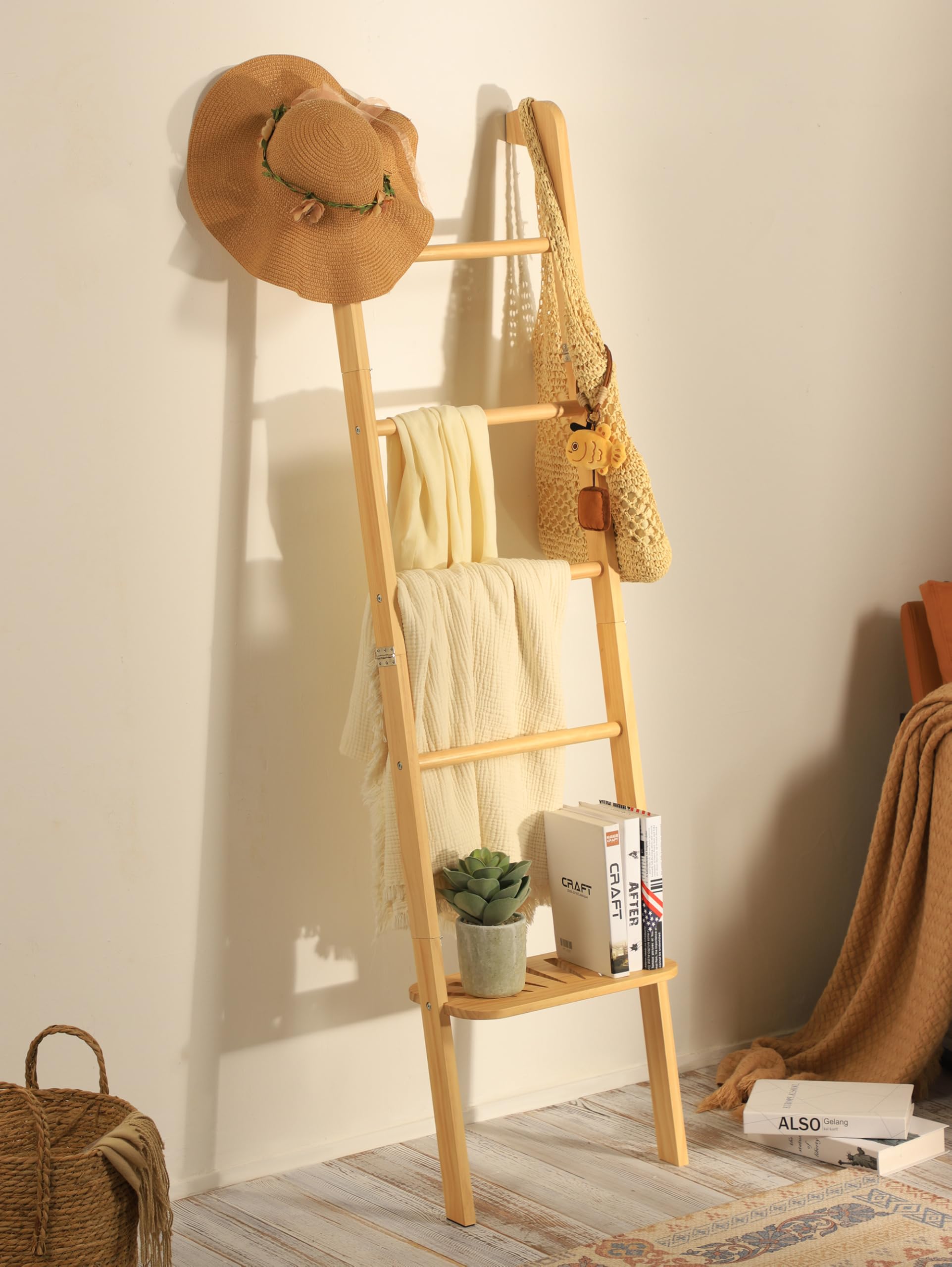 Taozun Minimalist Wood Blanket ladder - Boho Style Wall-leaning Display Towel Rack for Throw Quilt, Standing Ladder Shelf, Blank
