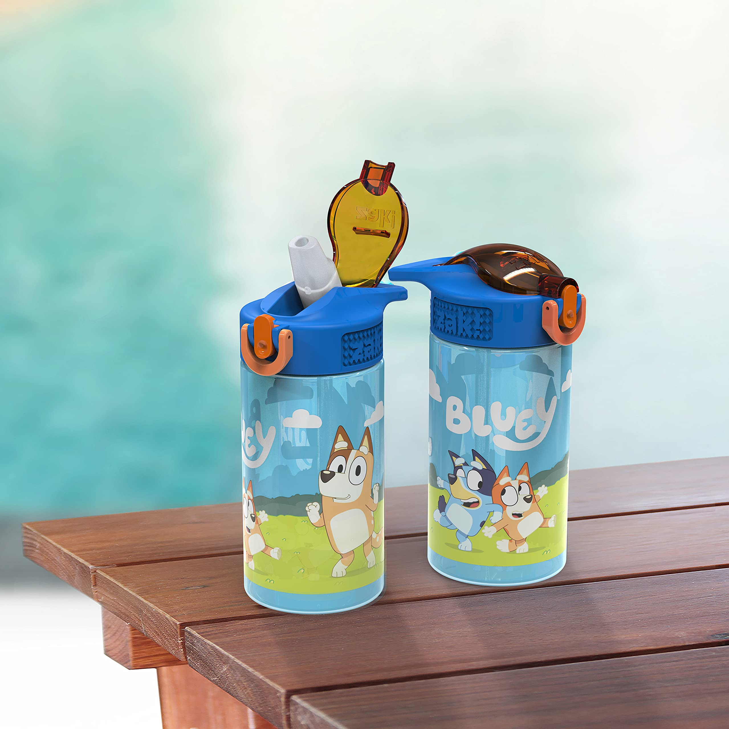 Zak Designs Bluey Kids Durable Plastic Spout Cover and Built-in Carrying Loop  Leak-Proof Water Design for Travel  (16oz  2pc Set)  Bluey Bottle 2pk