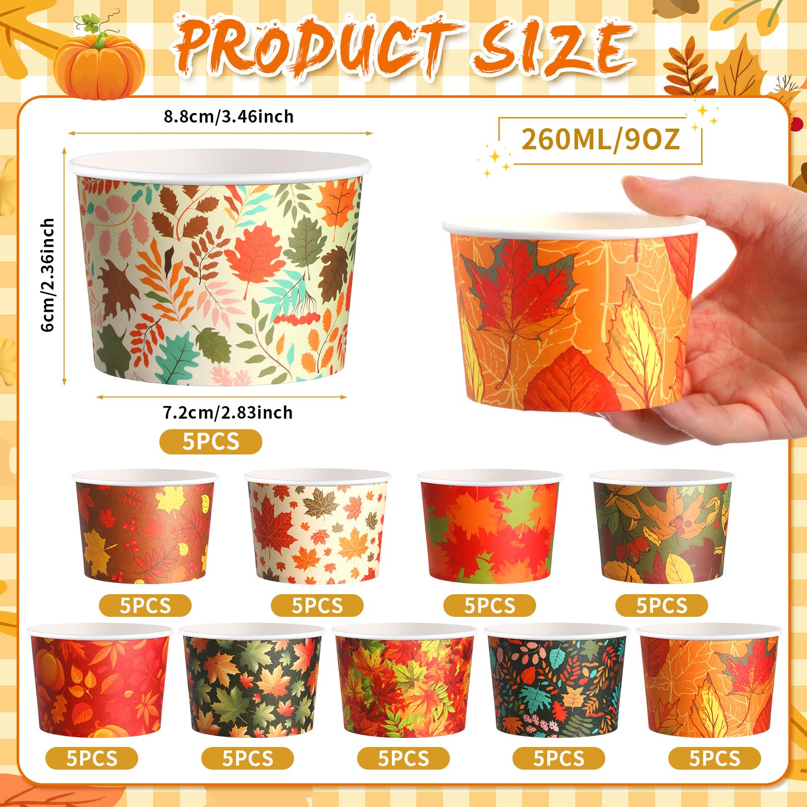 Yungyan 50 Pcs Fall Snack Cups 9 oz Disposable Ice Cream Bowls Pumpkin Maple Leaves Paper Dessert Cups for Thanksgiving Harvest