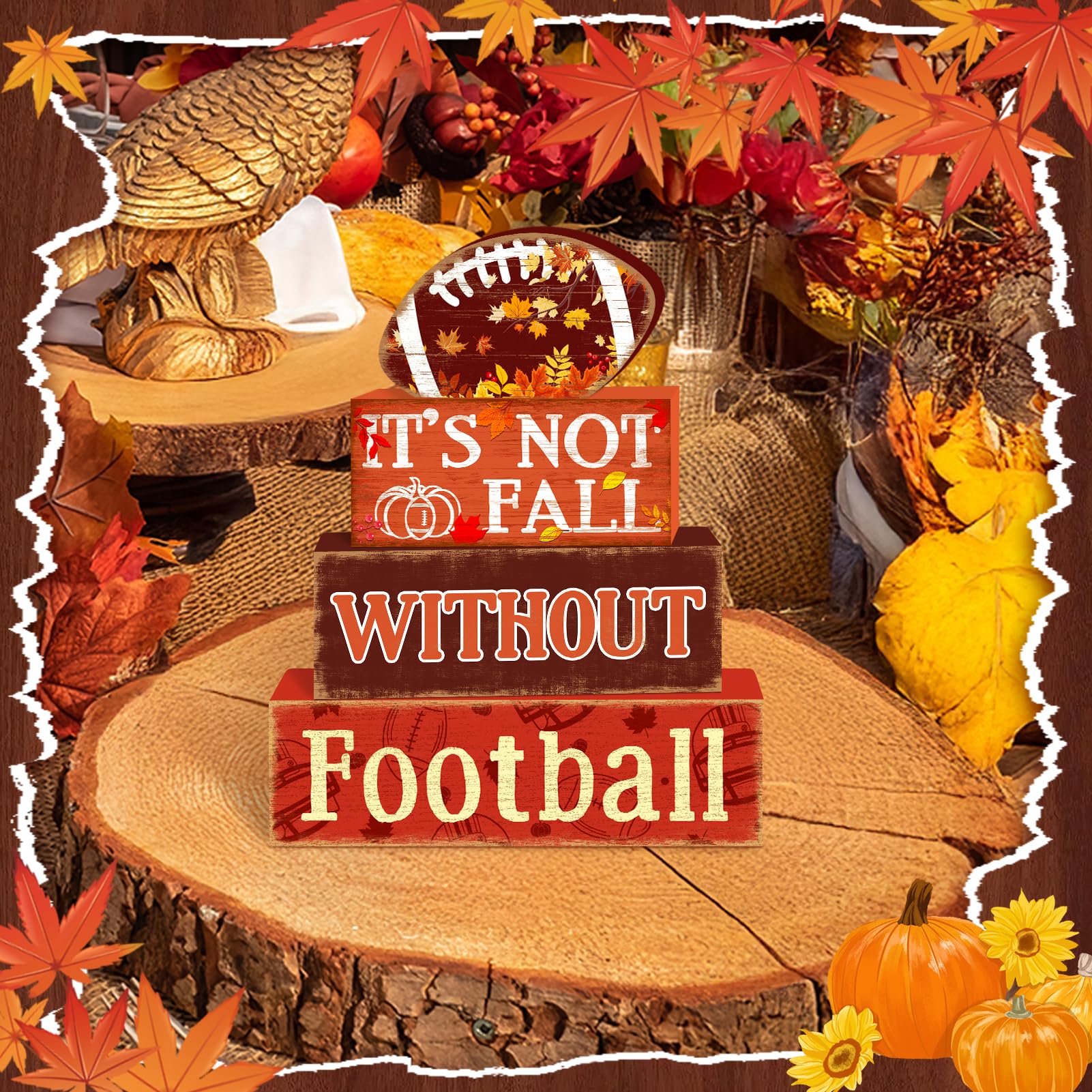 Britimes 4 Pcs Fall Football Decor Wooden Tiered Tray Decorations Set Game Day Stack Block Signs Pumpkin Leaf Farmhouse Rustic F