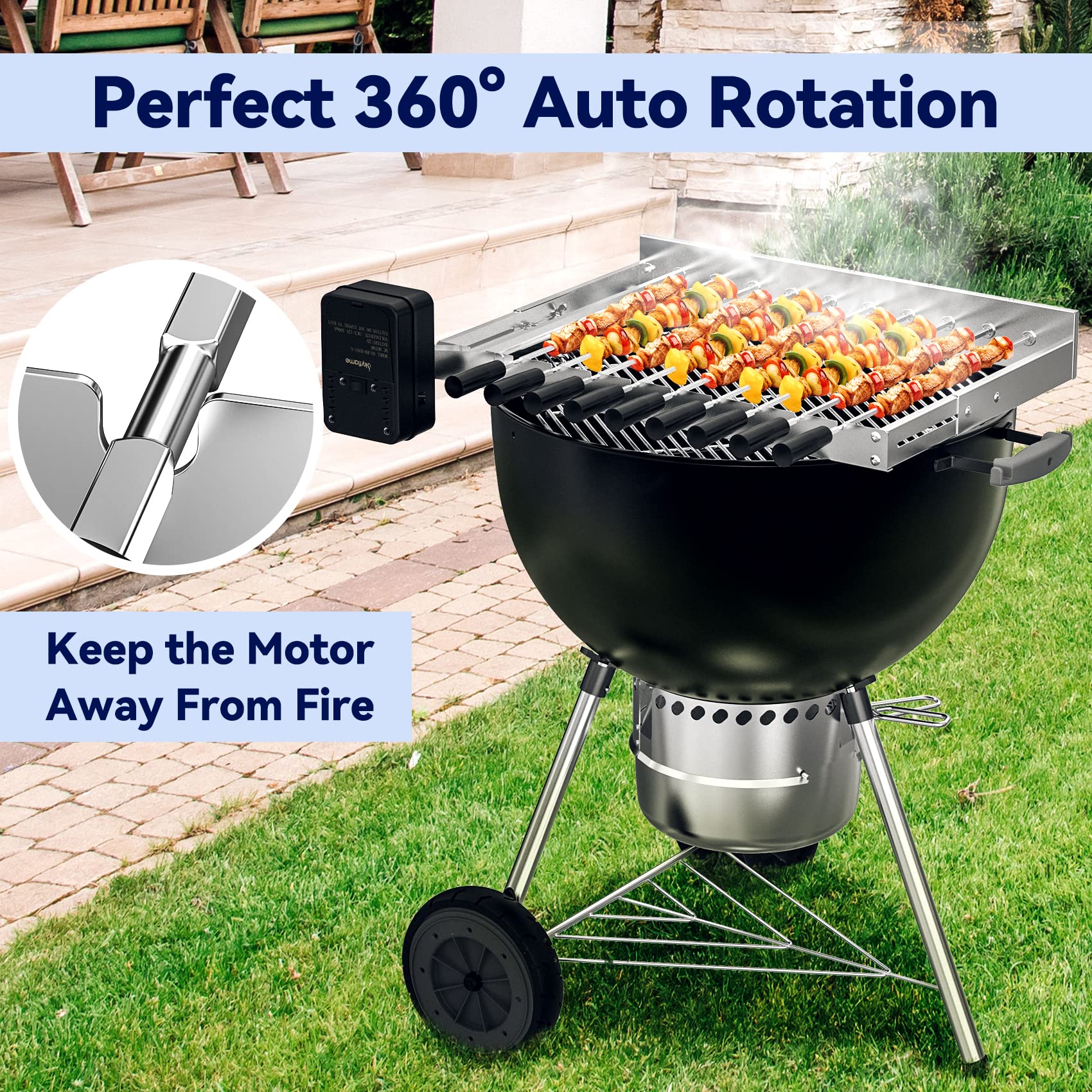 Skyflame Stainless Steel Electric Barbecue Shish Kabob Skewer Set With 9Pcs Skewers, Automatic Rotating Skewer Turner With Adjus