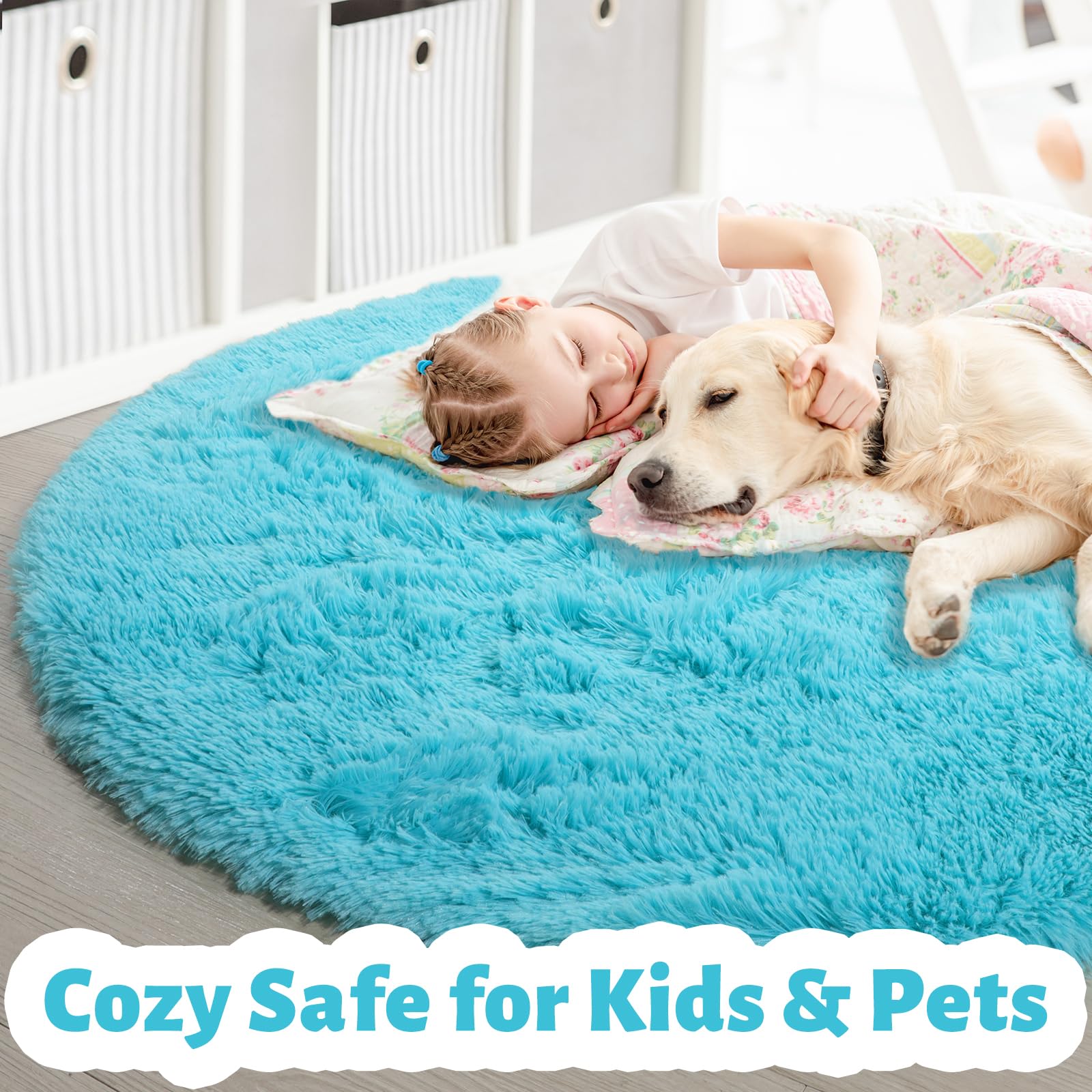 Blue Round Circle Rugs 6Ft for Kids Bedroom, Large Soft Washable Fluffy Area Rug for Teen Girls Boys, Play Room Decor Aesthetic,