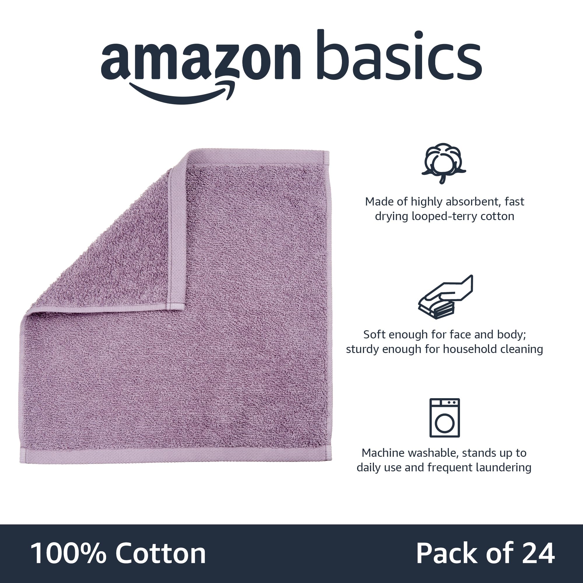 Amazon Basics Washcloth For Bathroom, 100% Cotton Extra Absorbent , Fast Drying - Salon Towels - 24-Pack, Petal Pink, Lavender,
