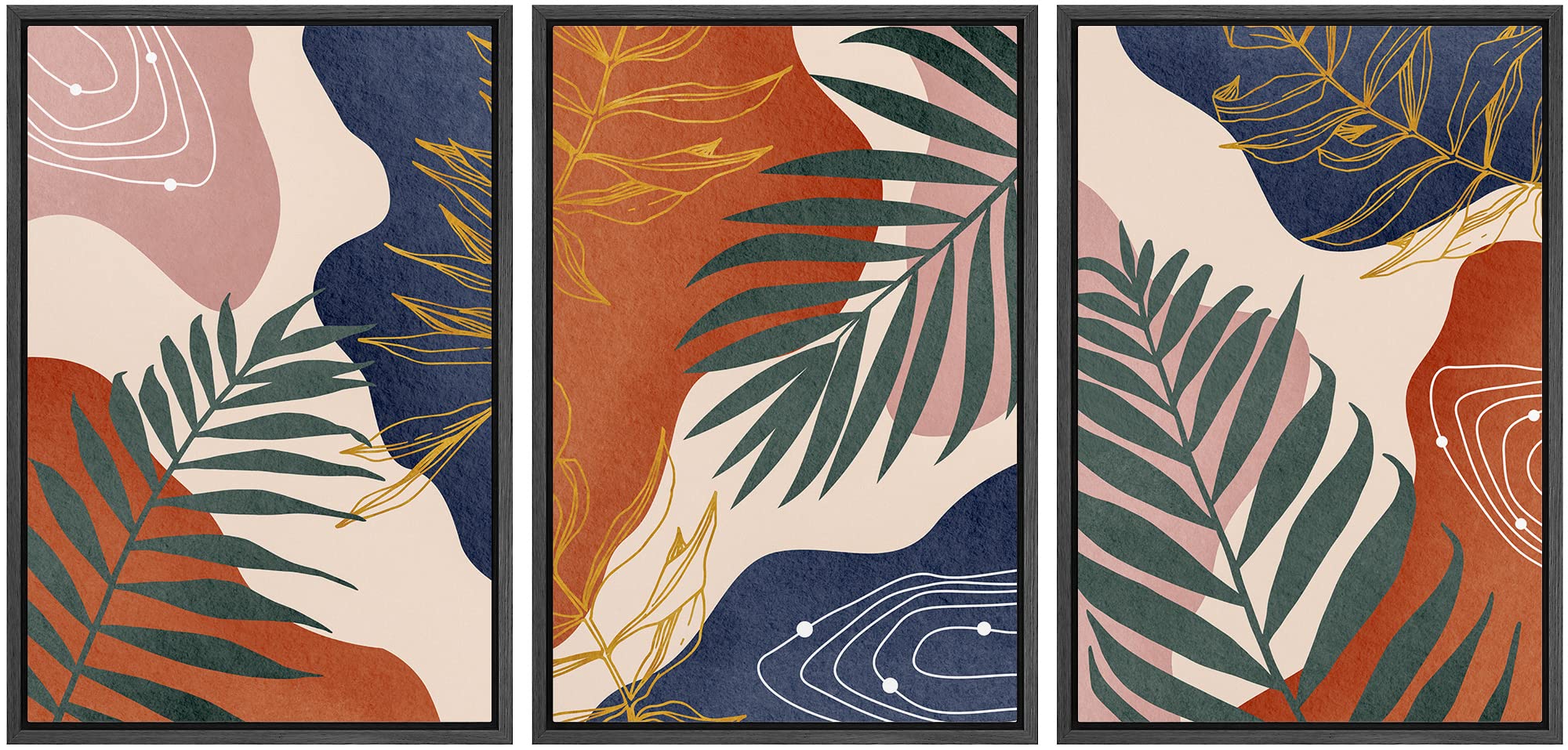 Idea4Wall Framed Wall Art Print Set Tropical Geometric Jungle Palm Leaves Nature Wilderness Illustrations Modern Decorative Rela