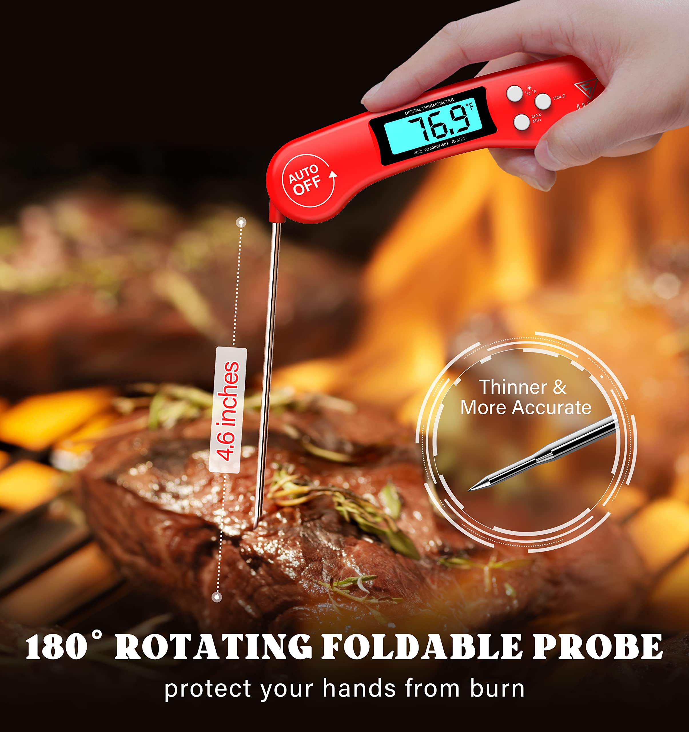 Doqaus Digital Meat Thermometer, 2 Pack Instant Read Food Thermometer For Cooking, Kitchen Probe With Backlit & Reversible Displ