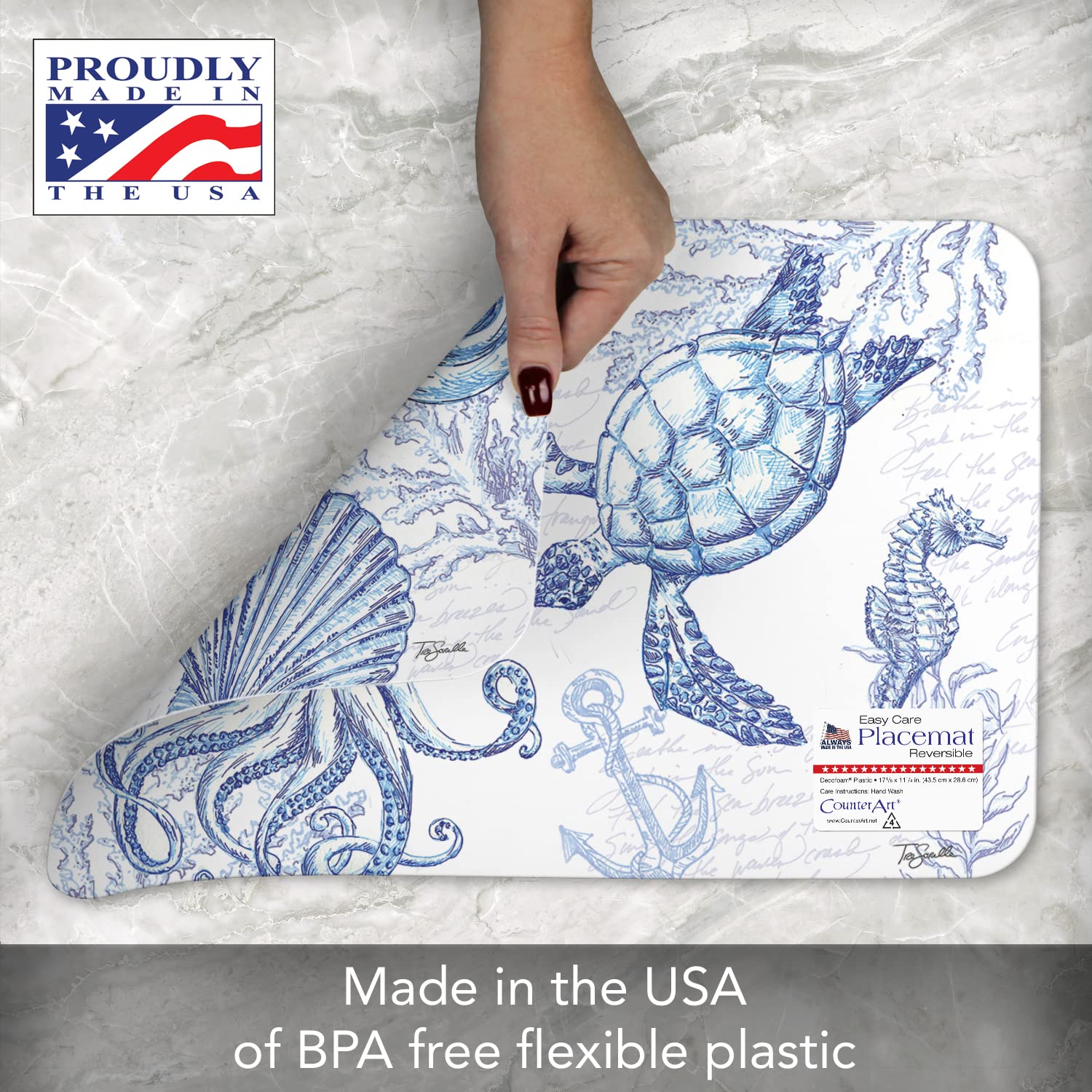 Counterart Coastal Sketch 4 Pack Reversible Easy Care Flexible Plastic Placemats Made In The Usa Bpa Free Pvc Free Easily Wipes