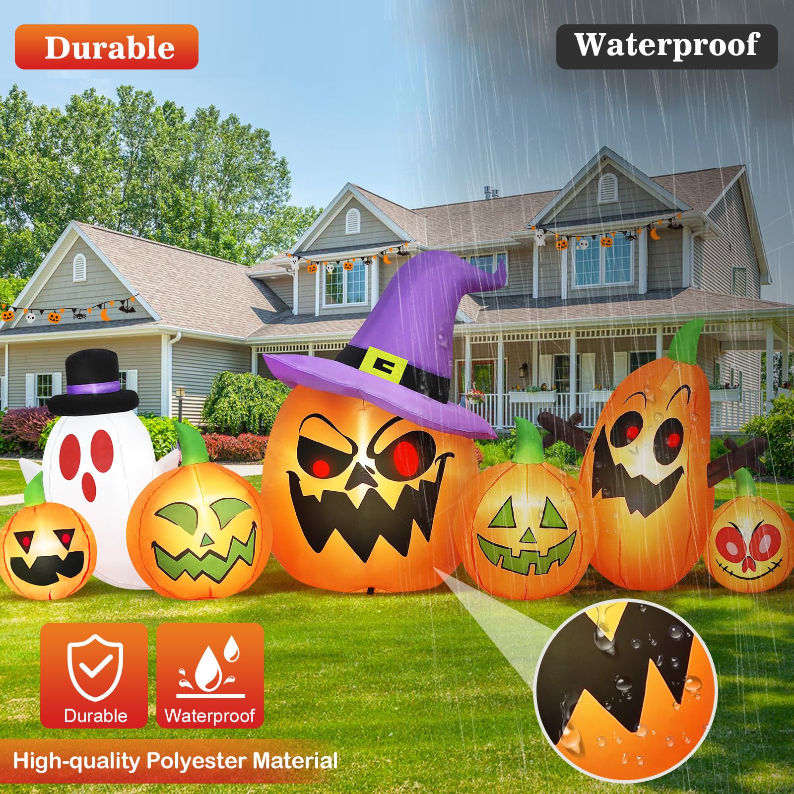 Danxilu 8FT Long Halloween Inflatables Outdoor Decorations, Haunted Inflatable Pumpkins with Witch Hat & Ghost Combo Blow Up Yar