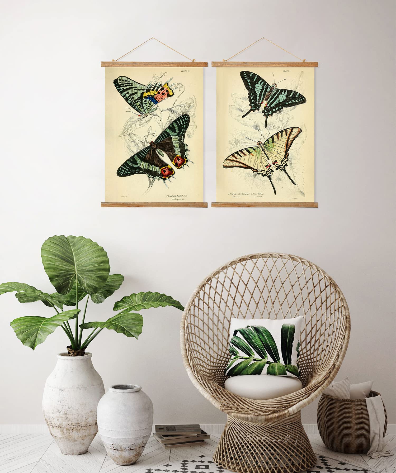 Ovfovy Vintage Butterflies Poster, Retro Style Wall Art Prints, Printed On Linen With Wooden Frame, For Living Room Office Bedro