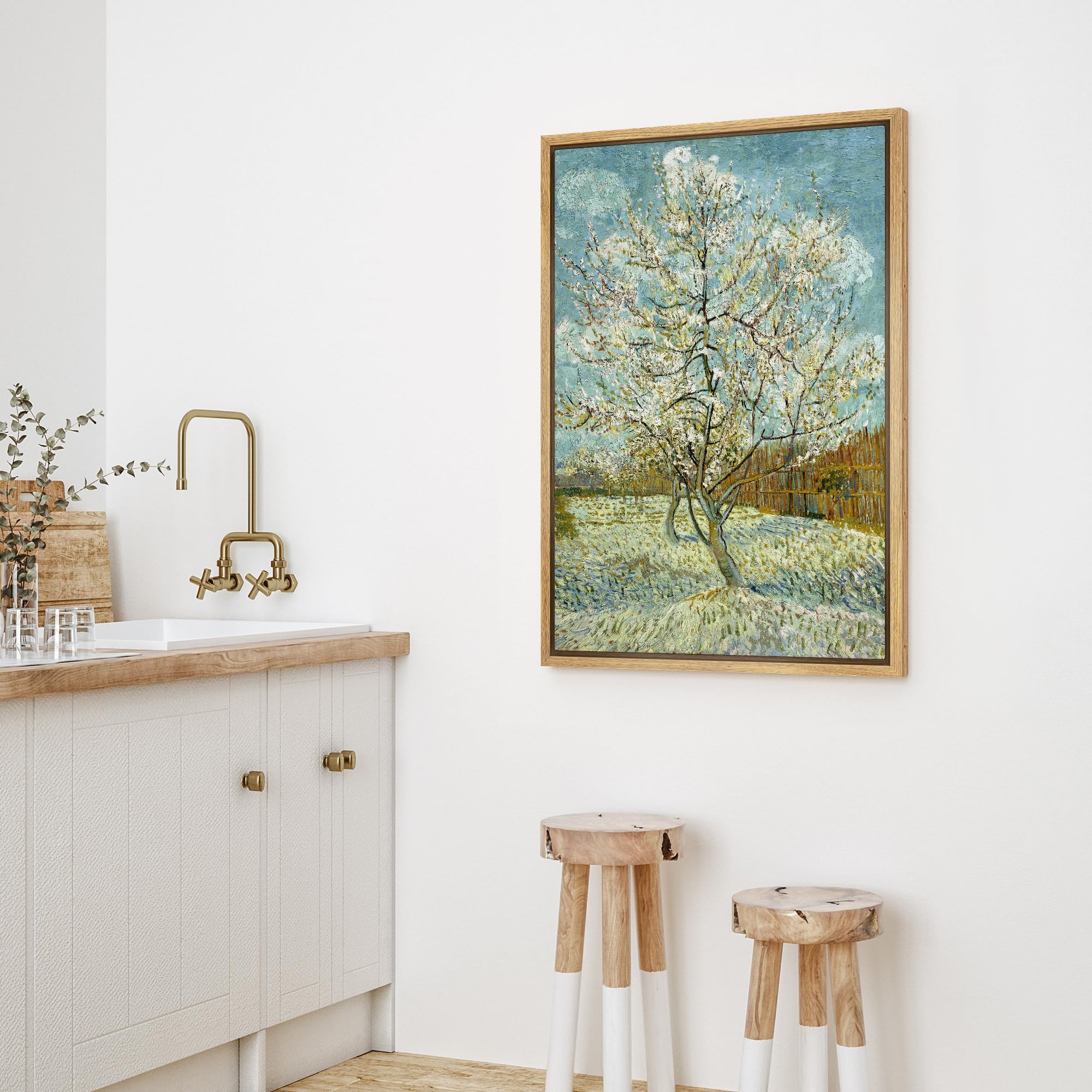 Wall26 The Pink Peach Tree By Vincent Van Gogh - Framed Canvas Print Wall Art Famous Oil Painting Reproduction - 16''X24'' Natur