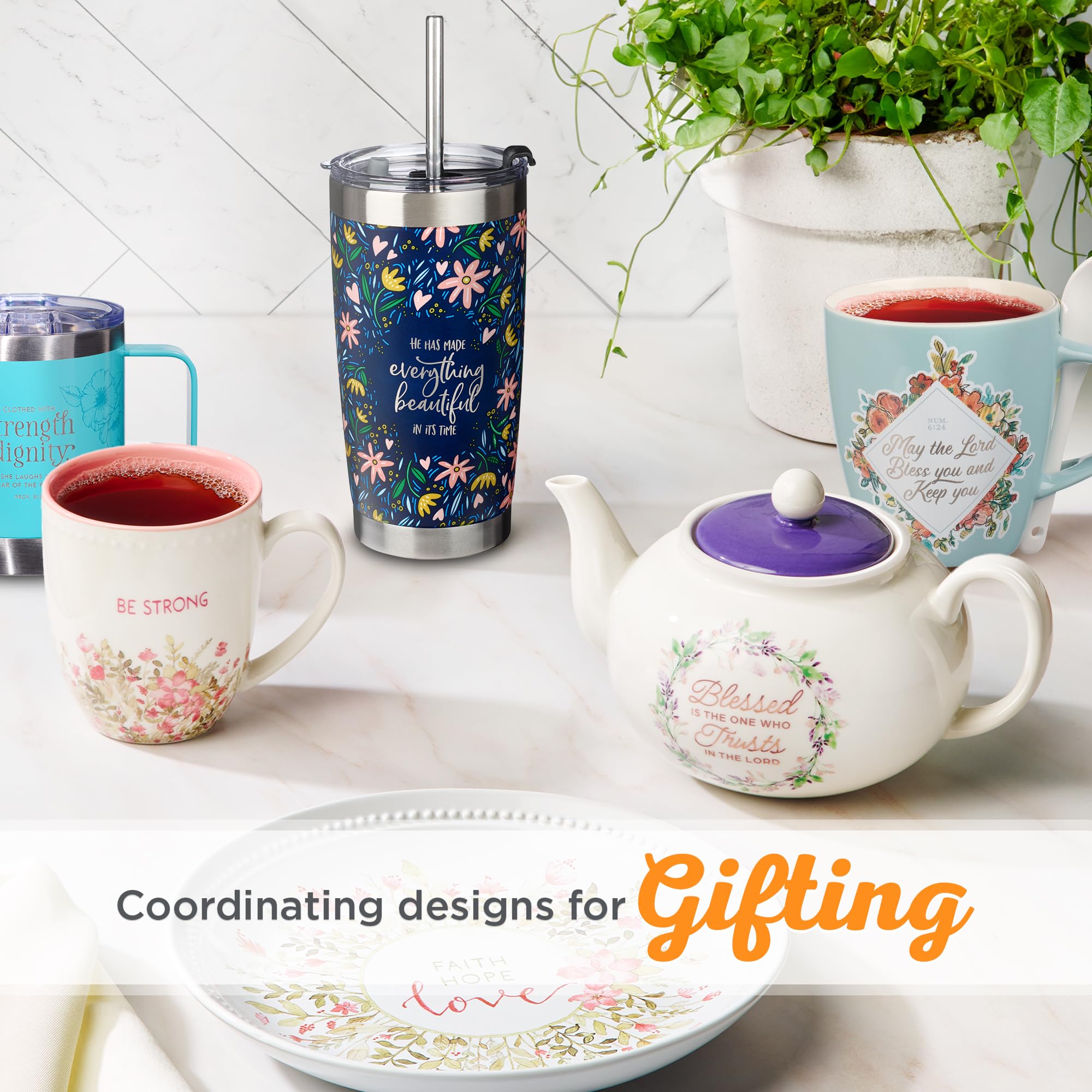Christian Art Gifts Stainless Steel Double-Wall Vacuum Insulated Tumbler W/Straw & Lid 18 Oz Navy Floral Inspirational Bible Ver
