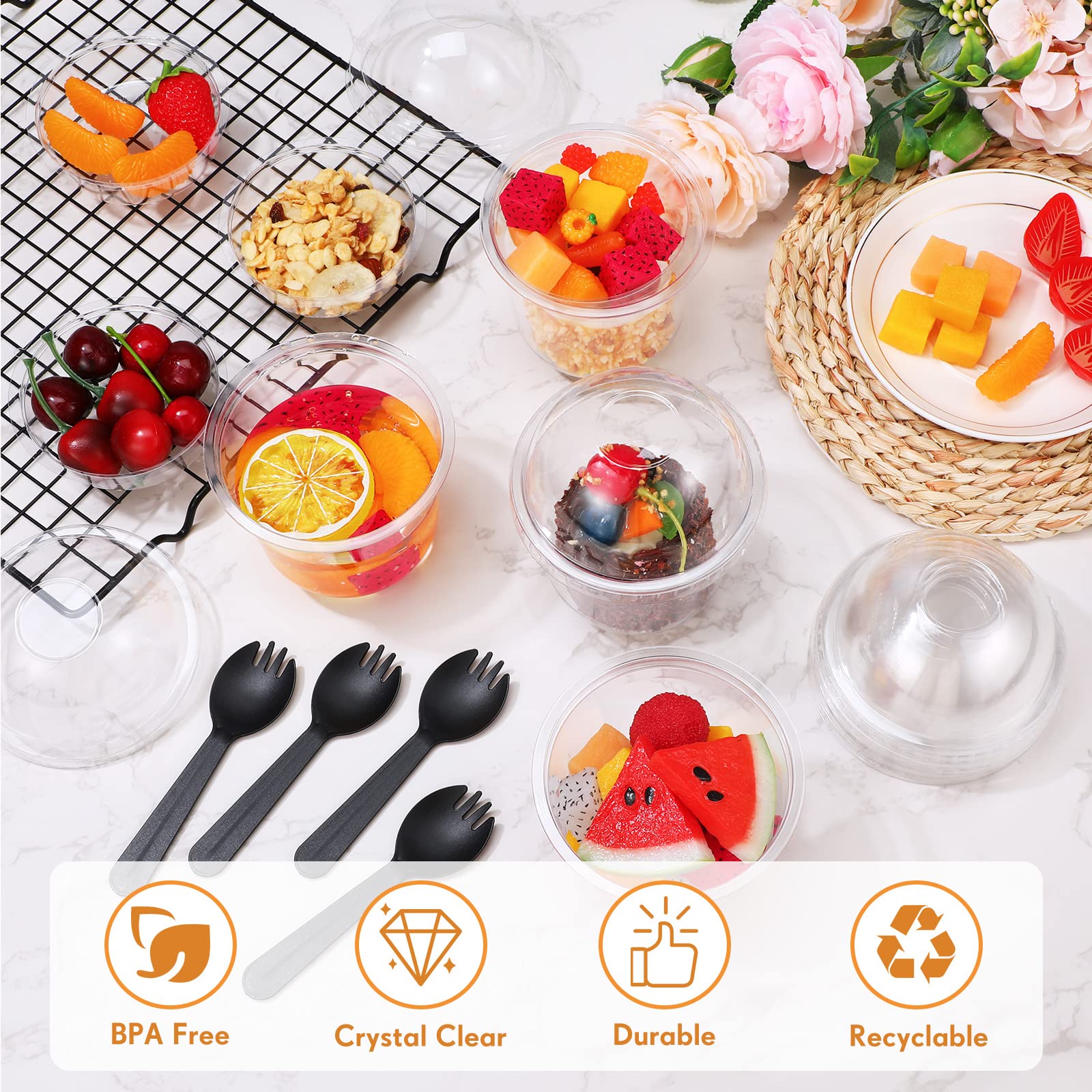 100 Pack 12 Oz Clear Plastic Parfait Cups With Dome Lids No Hole Disposable Party Dessert Cups With Lids Insert Spork Round Frui
