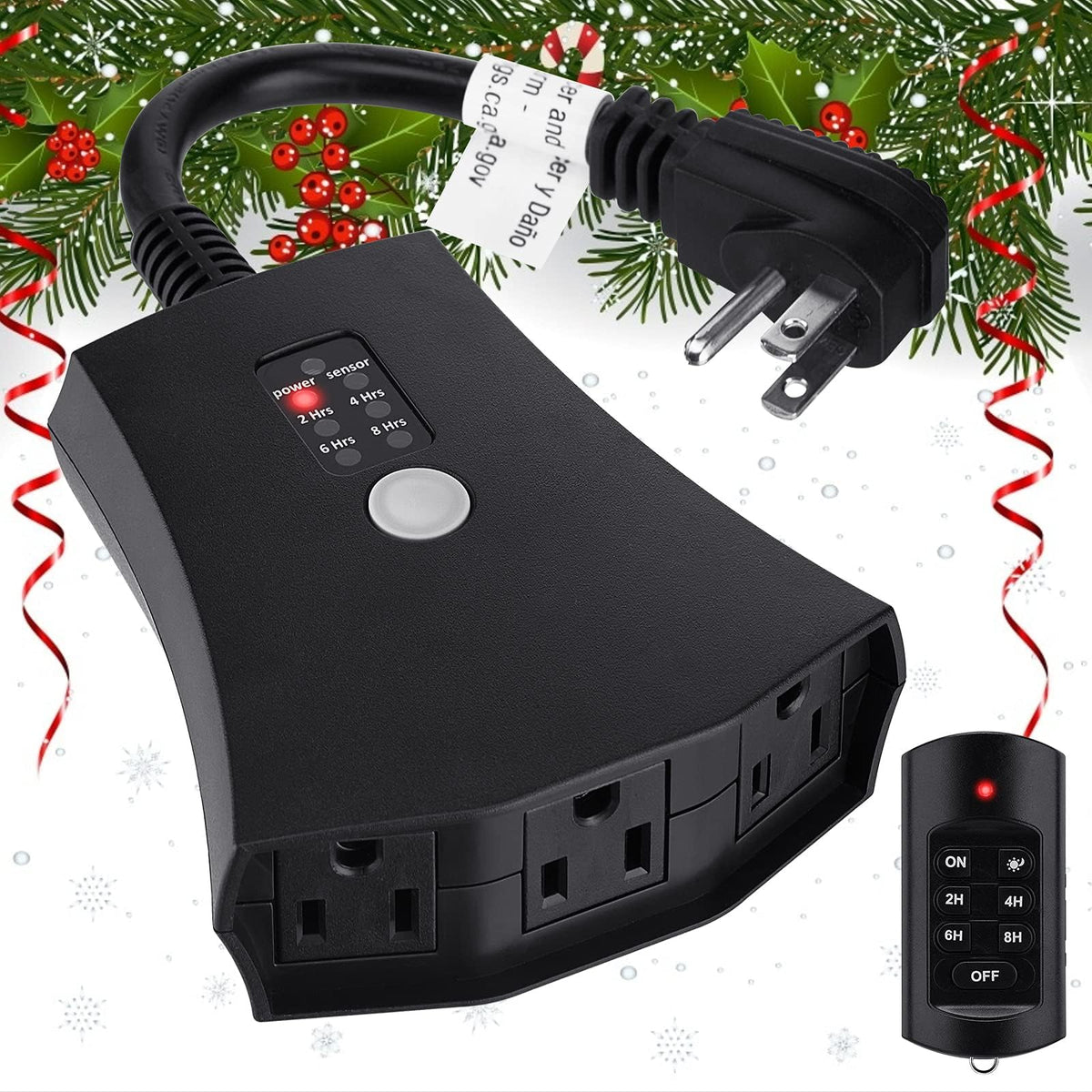 Lights Timer Outdoor, Waterproof Plug In Timer Switch With Remote (100Ft Range), 3 Grounded Electrical Outlets Sockets For Chris