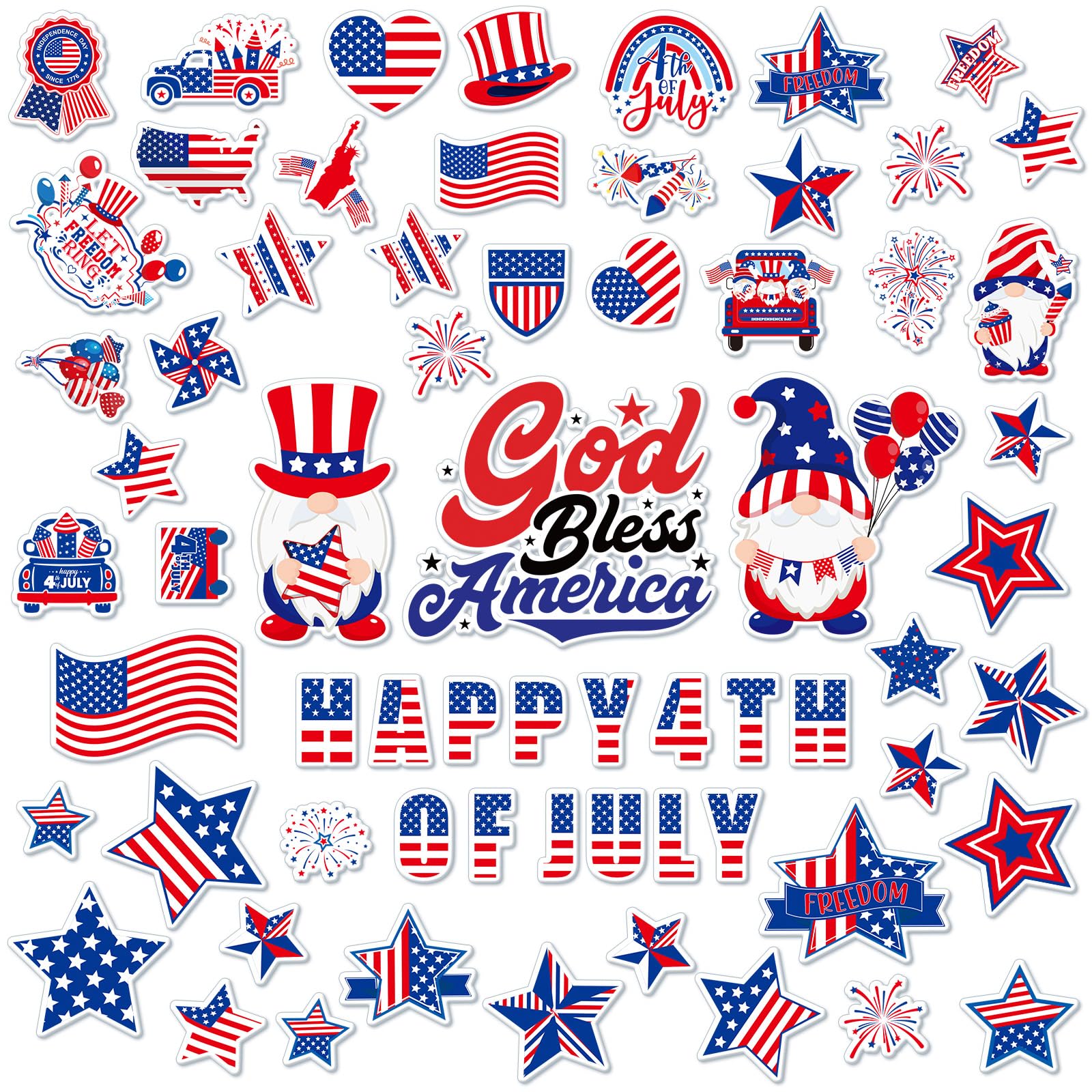 Tellingyou 65 Pcs 4th of July Gel Window Clings 250th Anniversary Patriotic Stickers Memorial Decals Red Blue White American Sta
