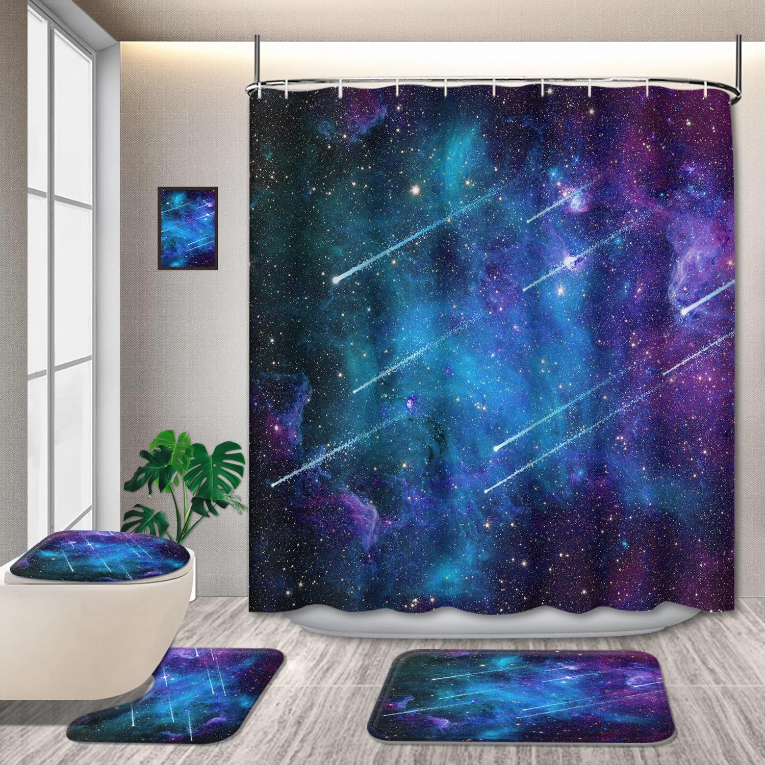 Griekowe 4 Pcs Universe Outer Space Meteor Theme Shower Curtain Sets, Starry Galaxy With Non-Slip Rugs Toilet Lid Cover Bath Mat