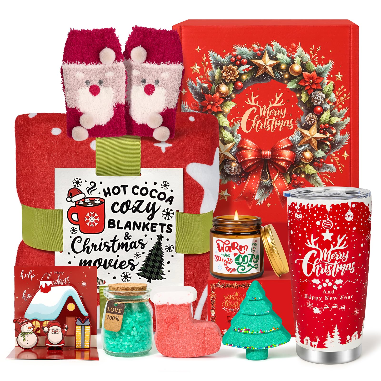 Christmas Gifts Basket for Women - Birthday Gifts for Mom, Wife, Sister, 8pc Spa Relaxation Set with Blanket, 20oz Tumbler, Gift