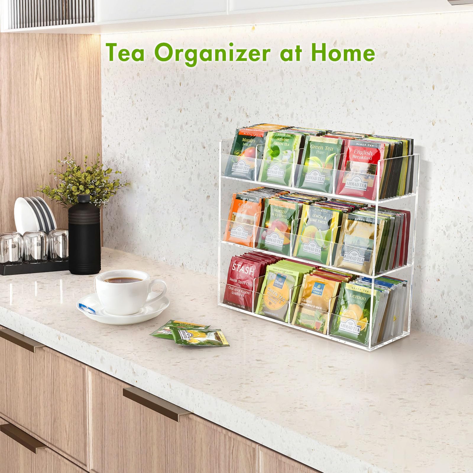 Beygorm Acrylic Tea Bag Organizer For 216 Tea Packets, No Assembly Required Display Holder For Countertop, Vertical Tea Bag Cadd