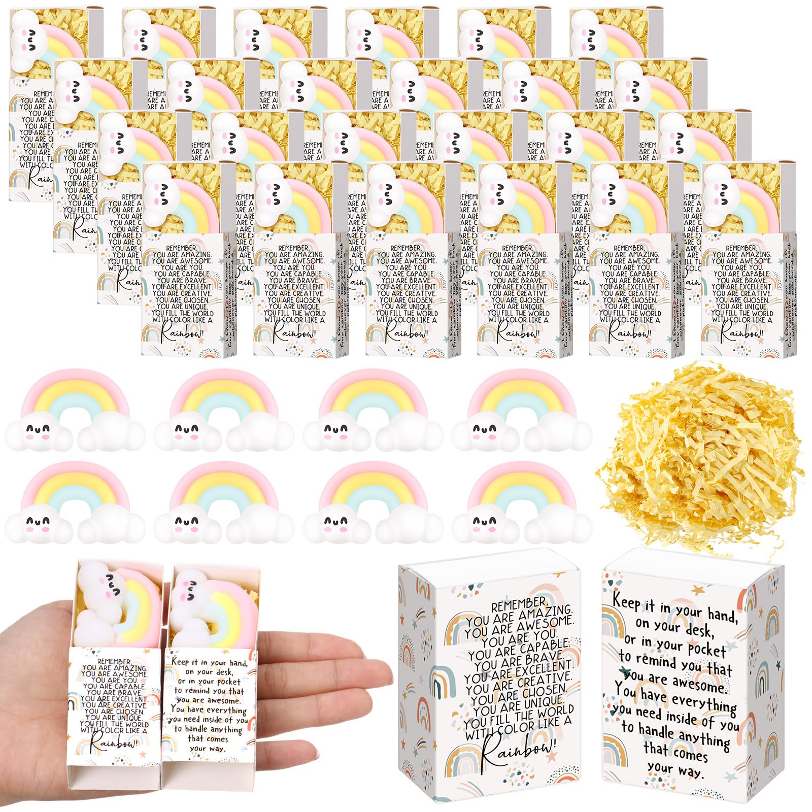 Wettarn 24 Sets Appreciation Rainbow Gifts Cute Stress Balls with Support Gift Boxes Inspirational Party Favors for Employee Cow