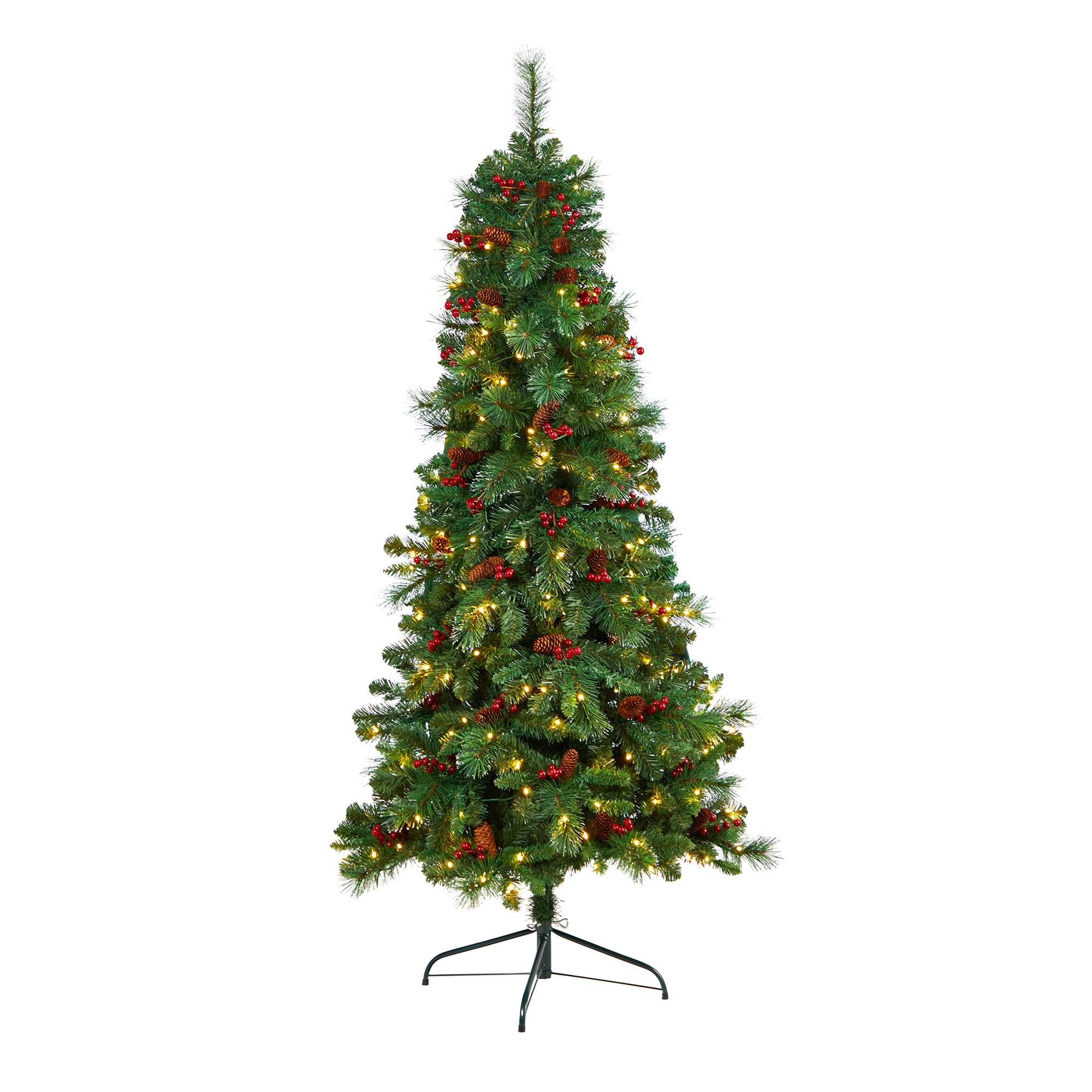 Nearly Natural 6ft. Flat Back Montreal Mountain Pine Artificial Christmas Tree with Pinecones, Berries and 150 Warm White LED Li