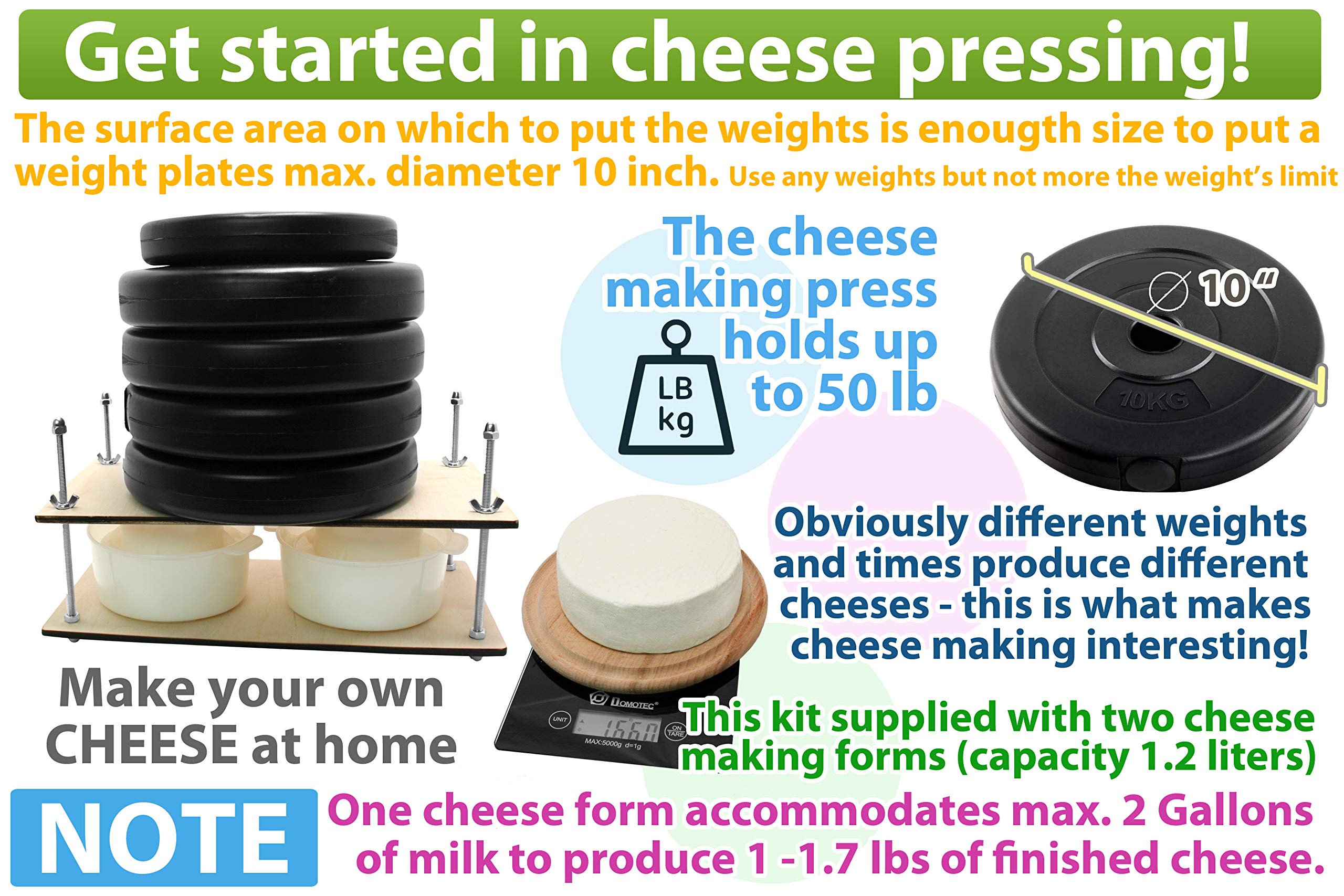 Wooden Cheese Press for Cheese Making Supplies 16in Metal Guides and 2 pcs Cheese Mold with Follower Piston 1.3Qt - large Home Supply Ultimate Cheese Press Machine - Prensa Para Queso Casero