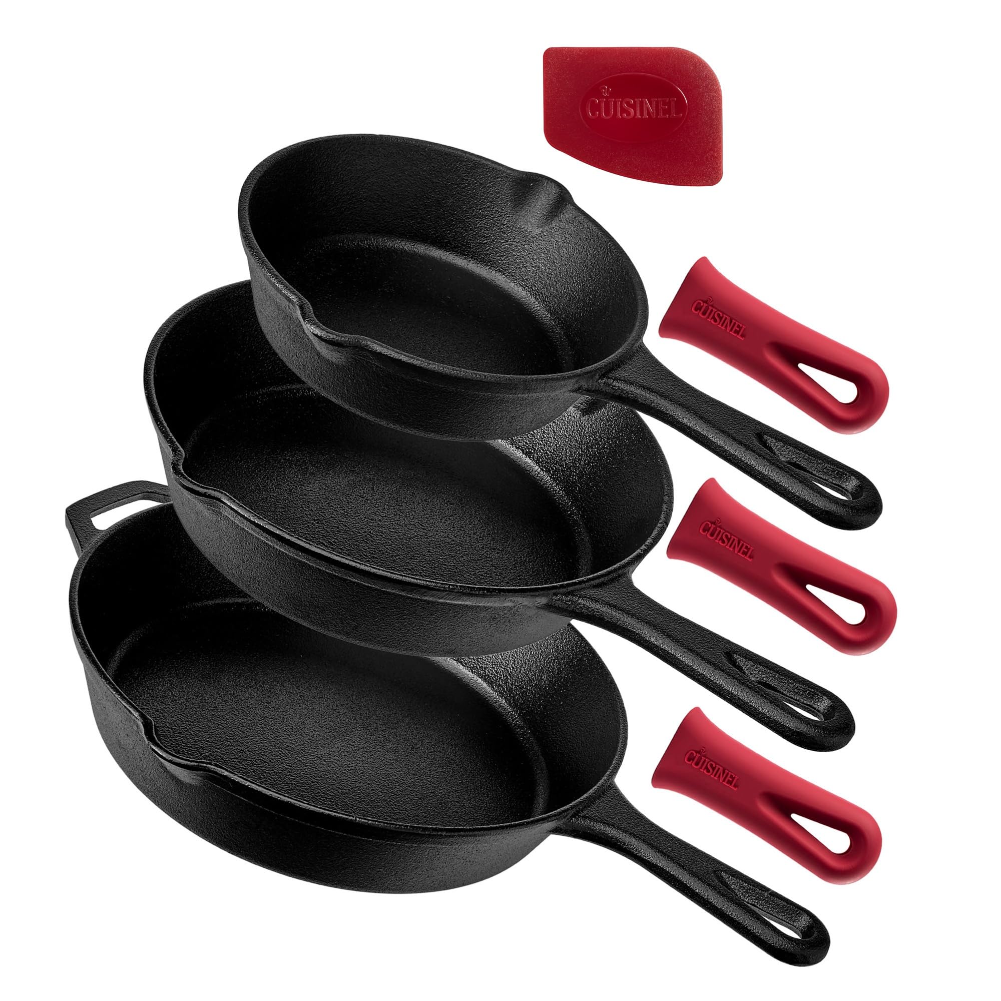 Cuisinel Cast Iron Skillet Set - 3-Piece: 6'' + 8'' + 10''-Inch Chef Frying Pans - Pre-Seasoned Oven Safe Cookware + 3 Heat-Resi