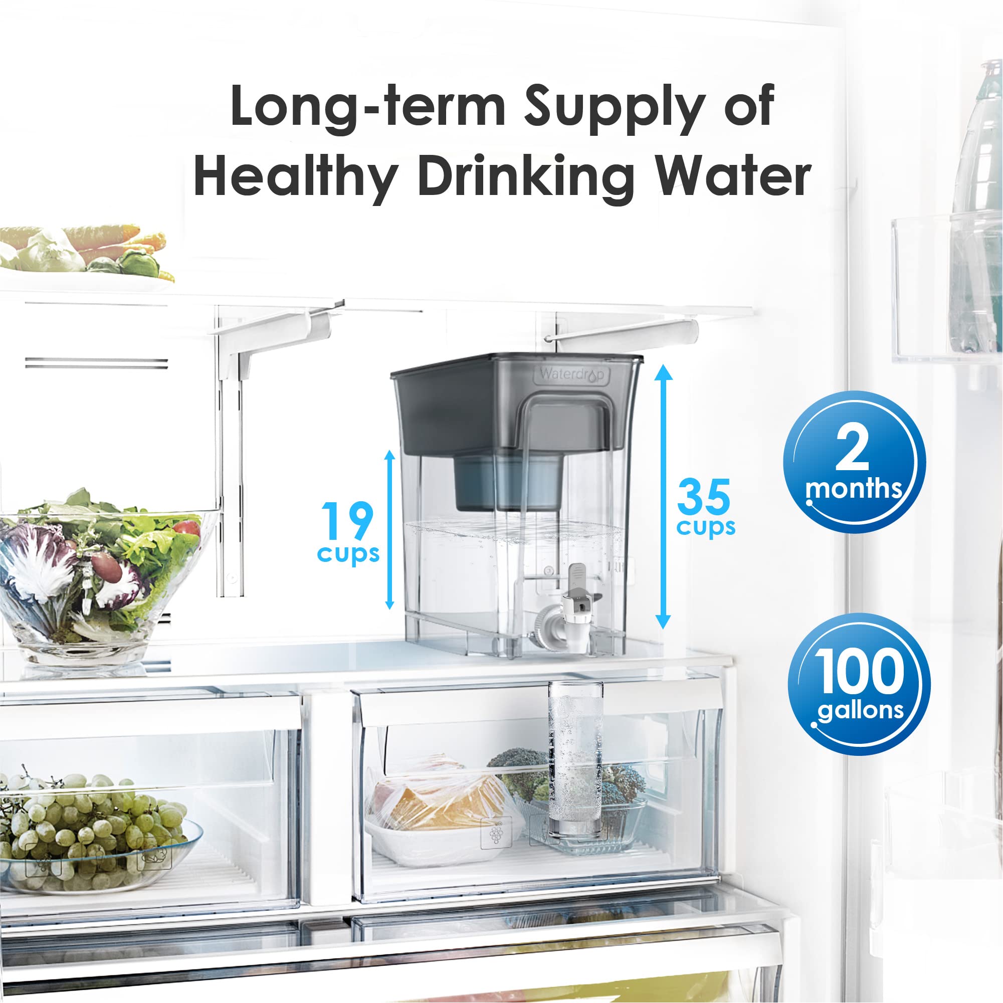 Waterdrop Slim Alkaline Water Filter Dispenser, Large 35-Cup, Up To Ph 9.5, Healthy, Clean & Toxin-Free Mineralized Alkaline Wat