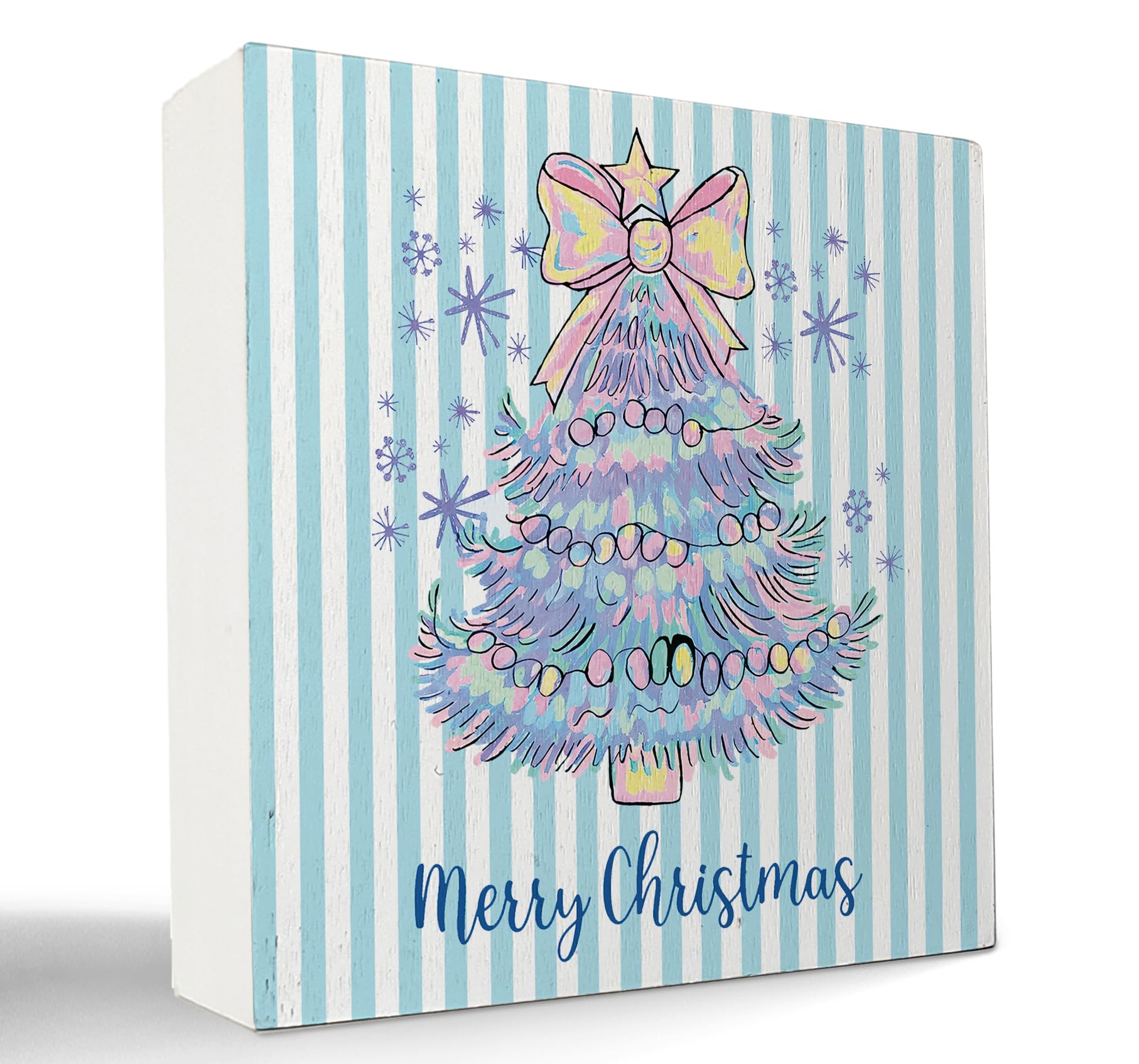 kunlisa Pastel Christmas Tree Wooden Sign, Preppy Christmas Desk Decor, Festive Colorful Xmas Tree Snowflake Striped Wood Box Si