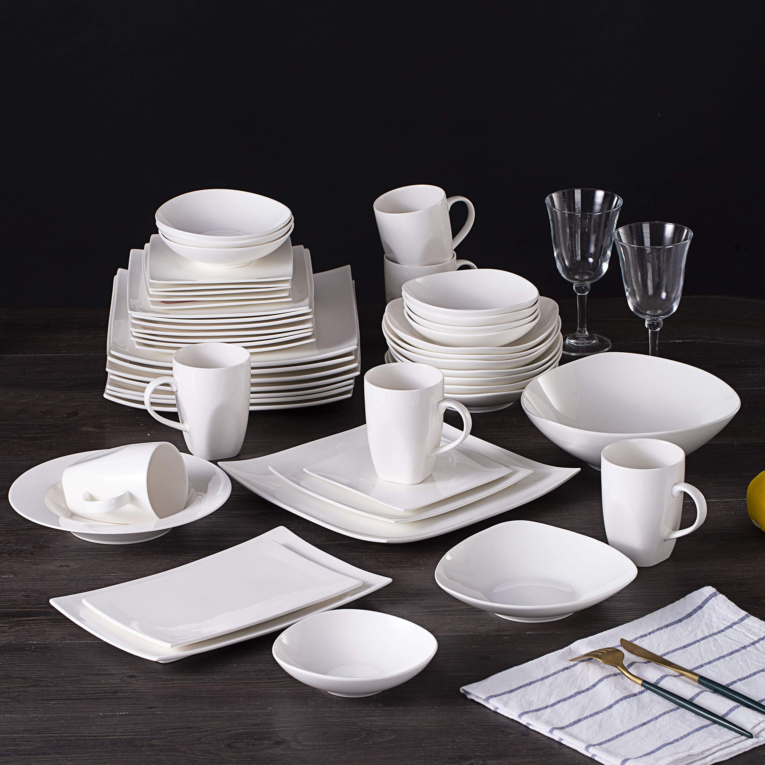 HomeVss, Bone China Square Shape, Elegance White 51pc Dinnerware Set