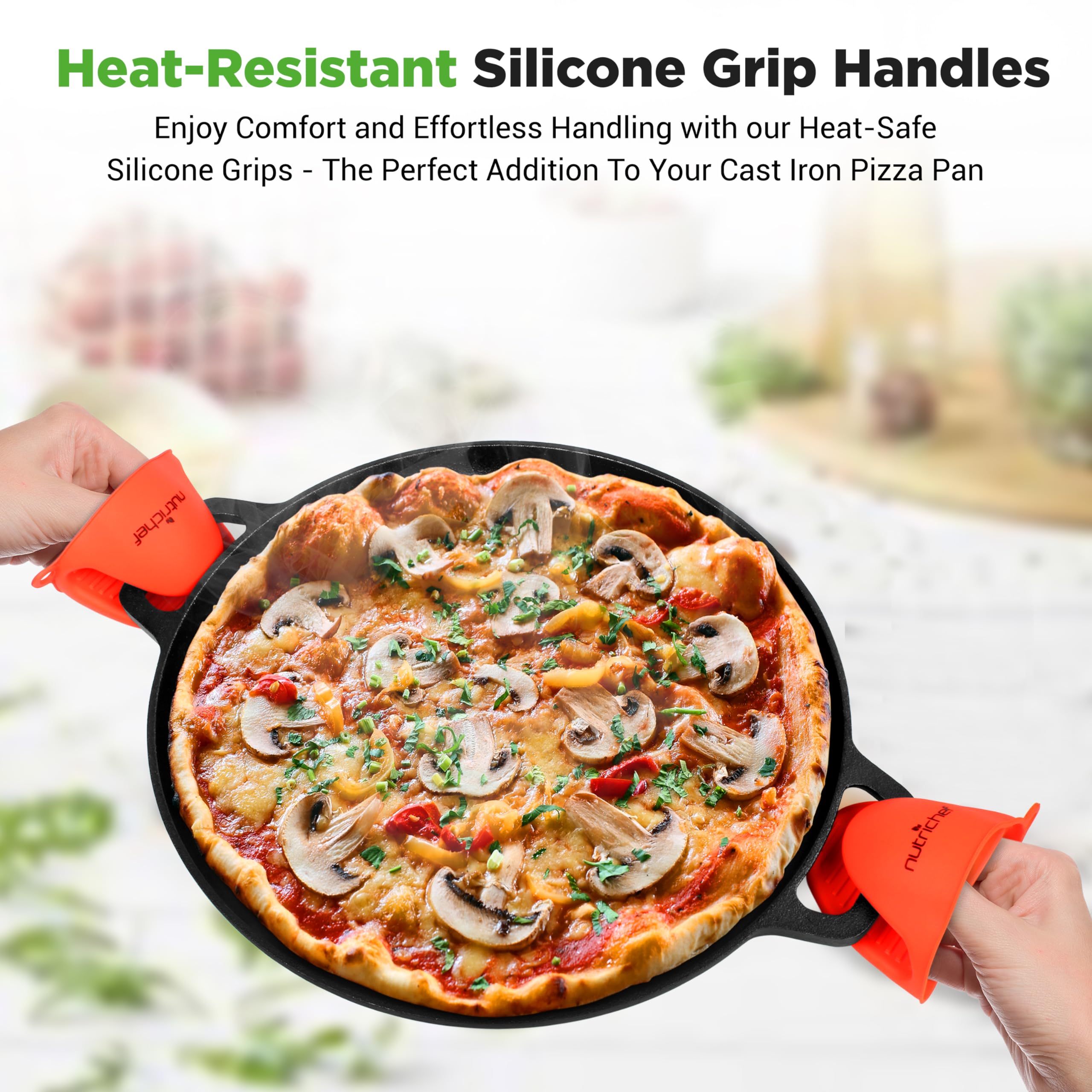 NutriChef 13-Inch Pre-Seasoned Cast Iron Pizza Pan with Handles - Black, Model NCCIPD, Ideal for Oven, Grill, Stove, and Campfires