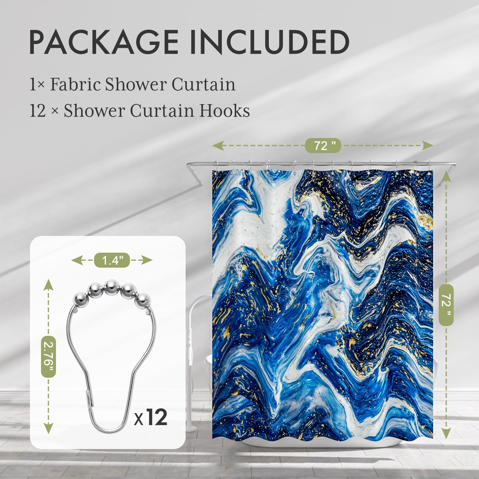 AmazerBath Shower Curtain Blue  Marble Fall Fabric Shower Curtain Sets with 12 Shower Curtain Hooks  Luxury Quality Home Hotel Washable Farmhouse Cloth Shower Curtains for Bathroom Decor  72x72 Inches