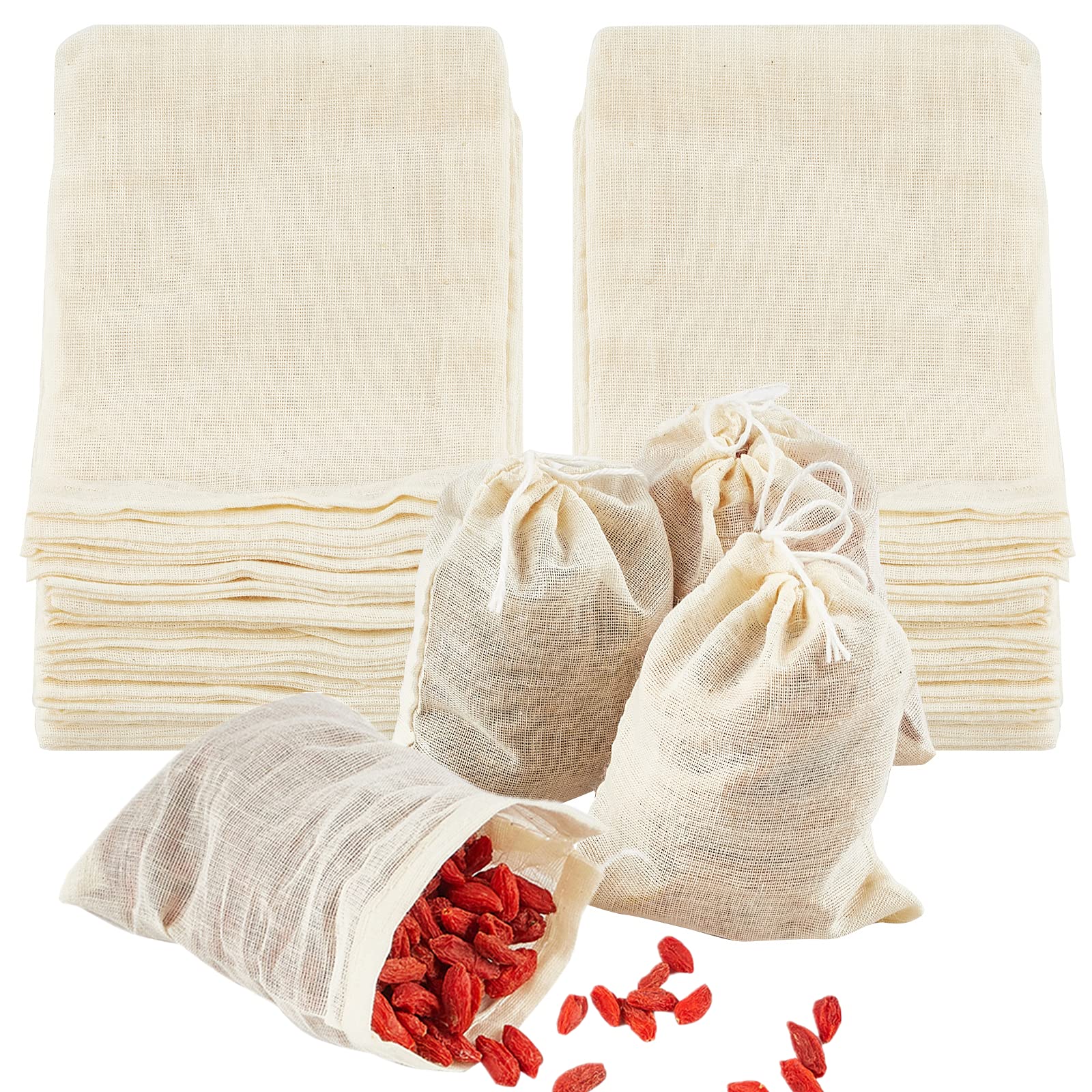 Tuzazo 50 Pack Reusable Tea Bags, Natural Unbleached Cotton Cheesecloth Bags For Straining, Drawstring Muslin Bags, Sachet Bags,